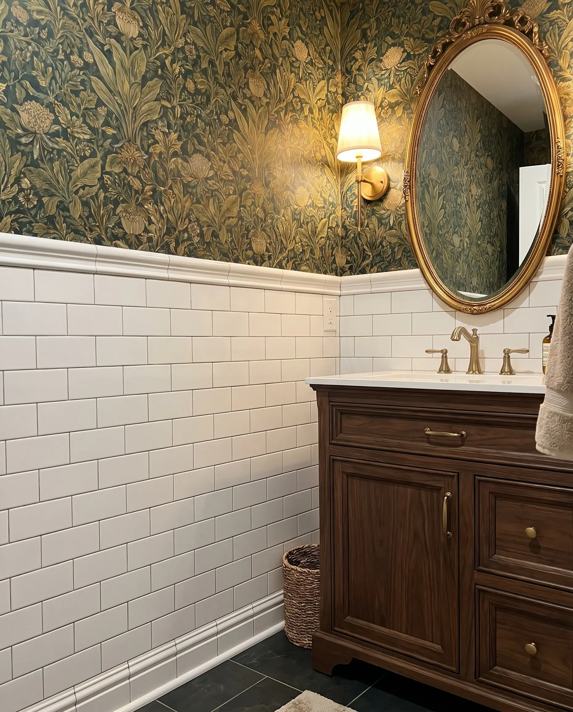 Half-wall white ceramic wainscoting capped with a heavy chair rail sits below bold botanical moisture-rated wallpaper, a traditional dark wood vanity, and ornate brass mirror.