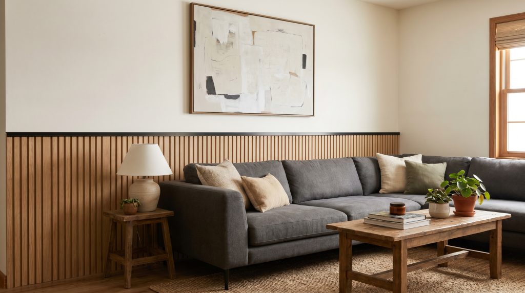 Vertical acoustic slat panels capped with sleek metal J-trim create a wainscoting effect directly behind a low-profile couch in a transitional living room.