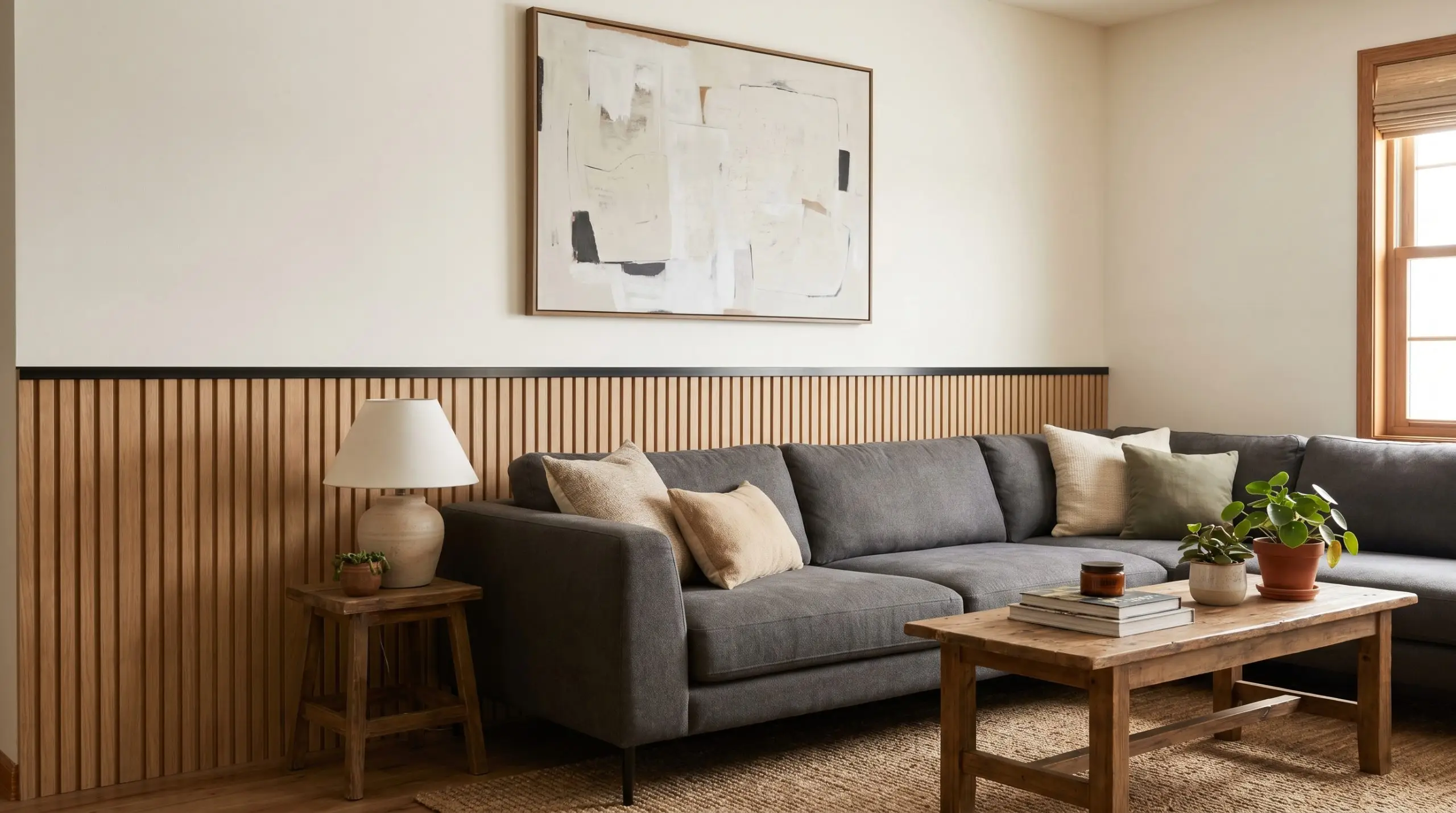 Vertical acoustic slat panels capped with sleek metal J-trim create a wainscoting effect directly behind a low-profile couch in a transitional living room.