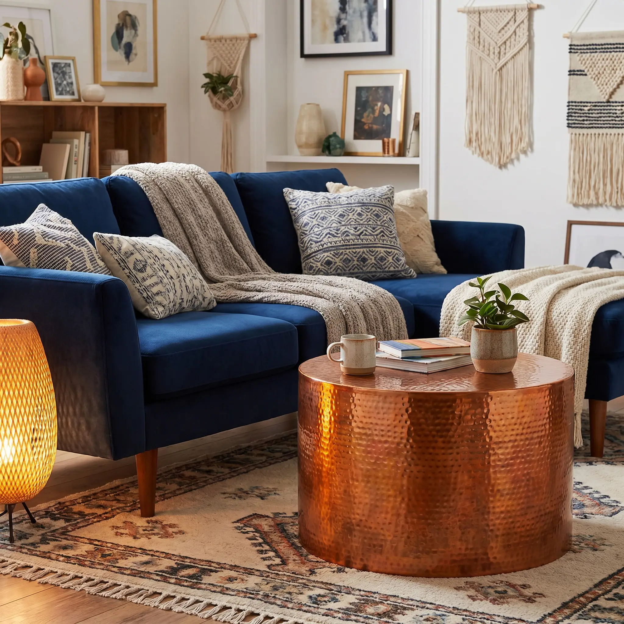 A solid cylindrical hammered copper drum coffee table sits on a plush rug, introducing tactile warmth beside a navy blue sofa with exposed wooden legs.