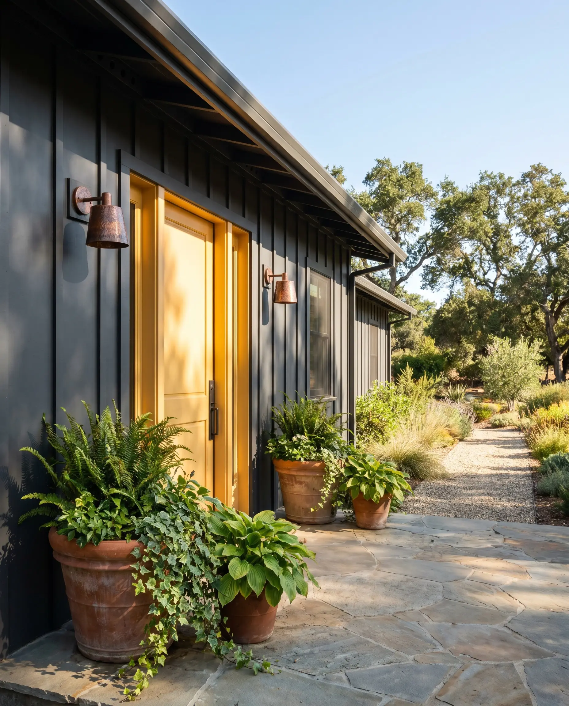 Hammered copper exterior sconces illuminate a golden-yellow base front door set against neutral charcoal siding and a stone porch with large terracotta planters.