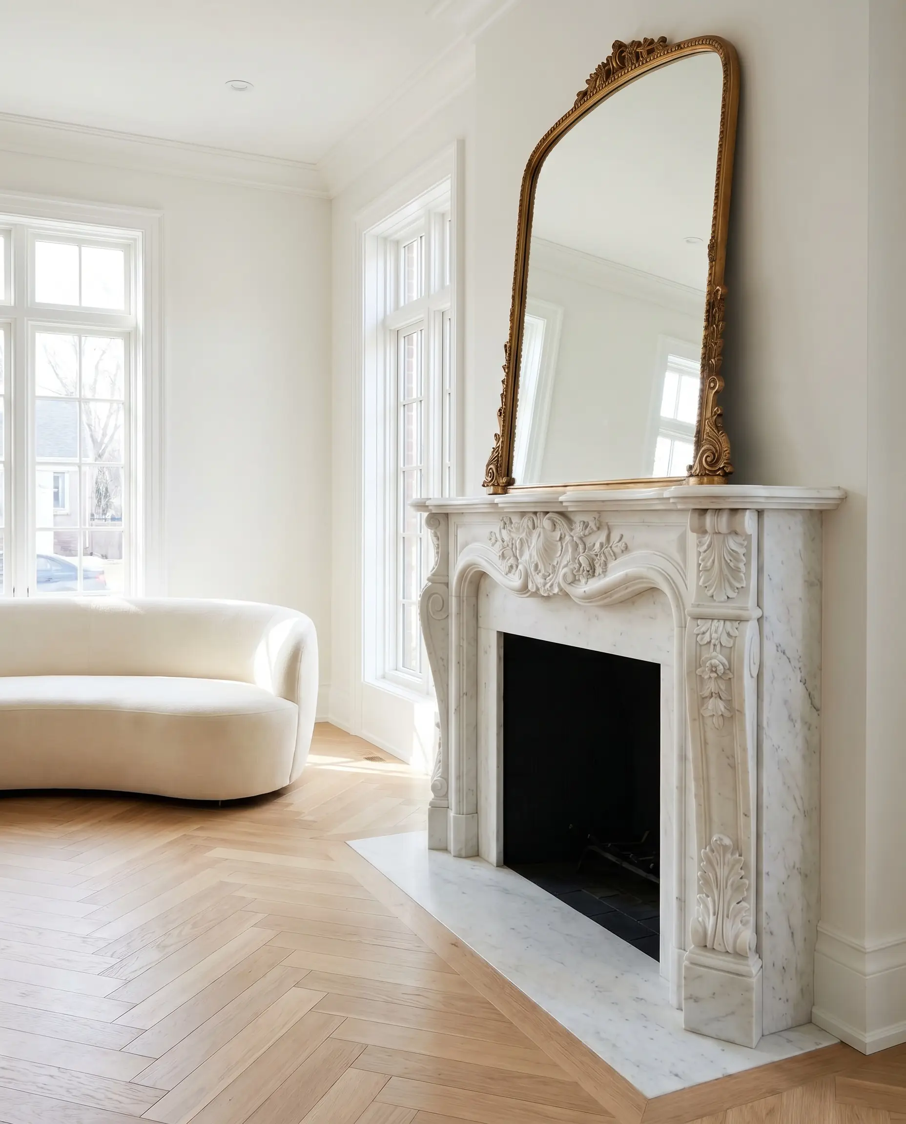 An ornate hand-carved white Carrara stone mantel with floral corbel detailing supports a vintage oversized gilded mirror above herringbone oak floors and a curved sofa.