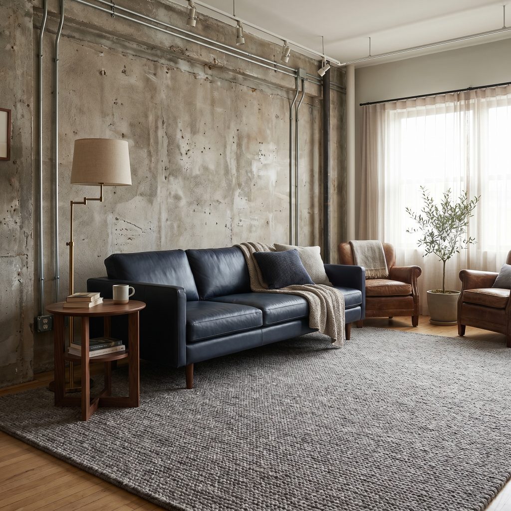 A hand-knotted low-pile heather gray wool rug grounds a taut navy blue leather sofa, complemented by a warm brass floor lamp and walnut side table.