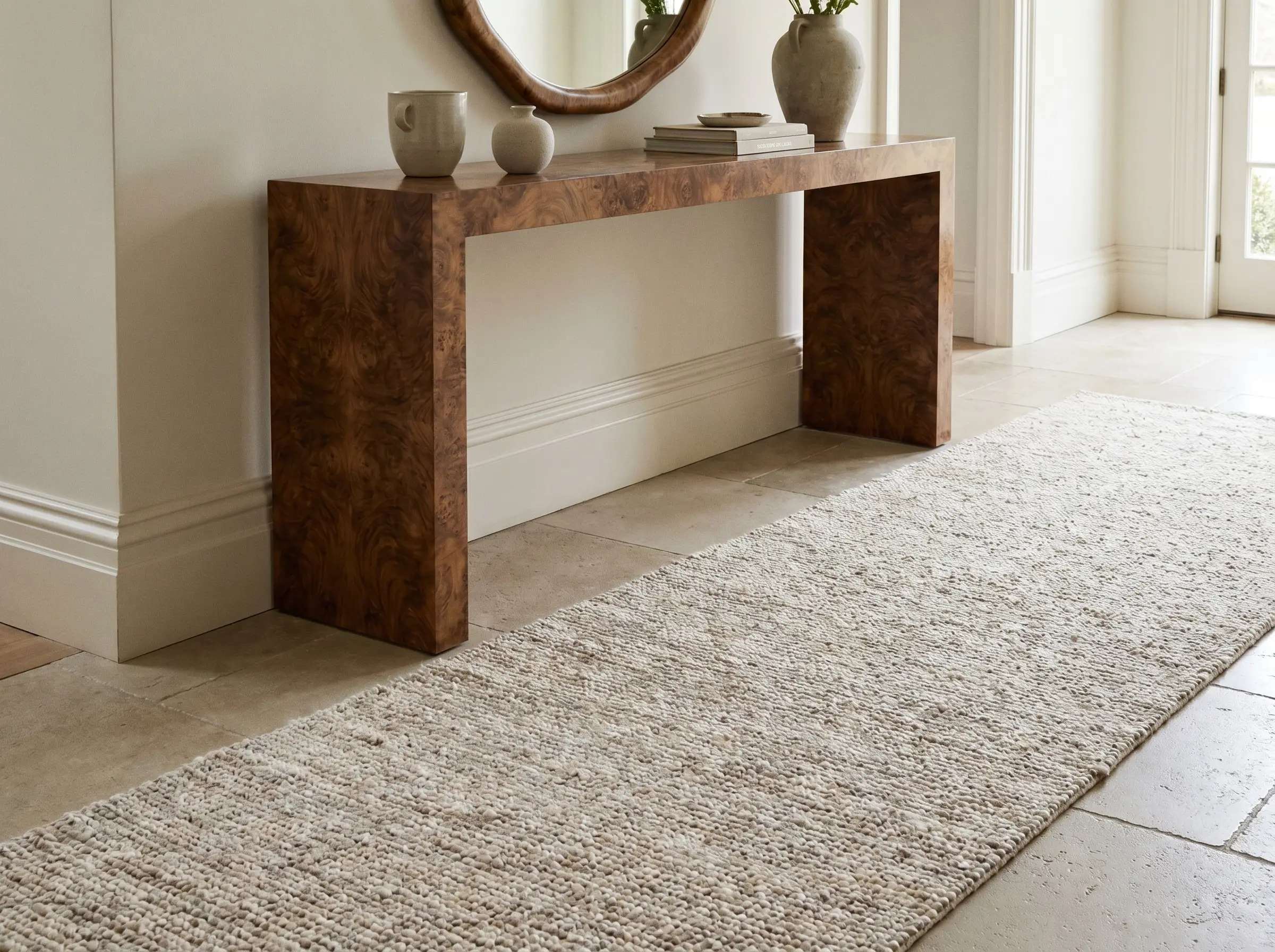A highly textural hand-knotted silk and sheared New Zealand wool runner rug grounds a striking burl wood console table against architectural baseboards.