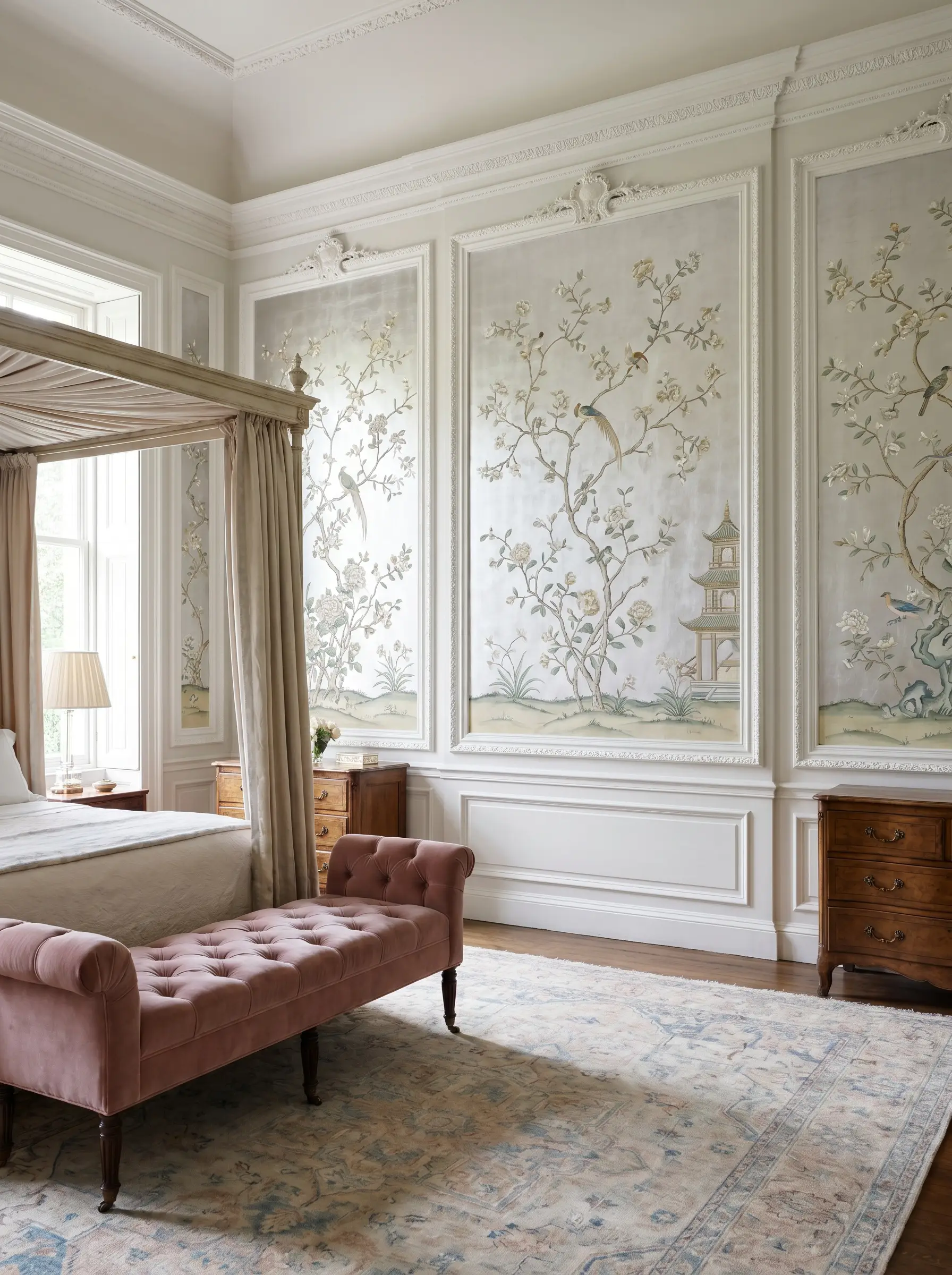 Structural picture-frame molding surrounds hand-painted botanical Chinoiserie wallpaper behind a dusty rose velvet bench resting on a vintage Oushak rug.