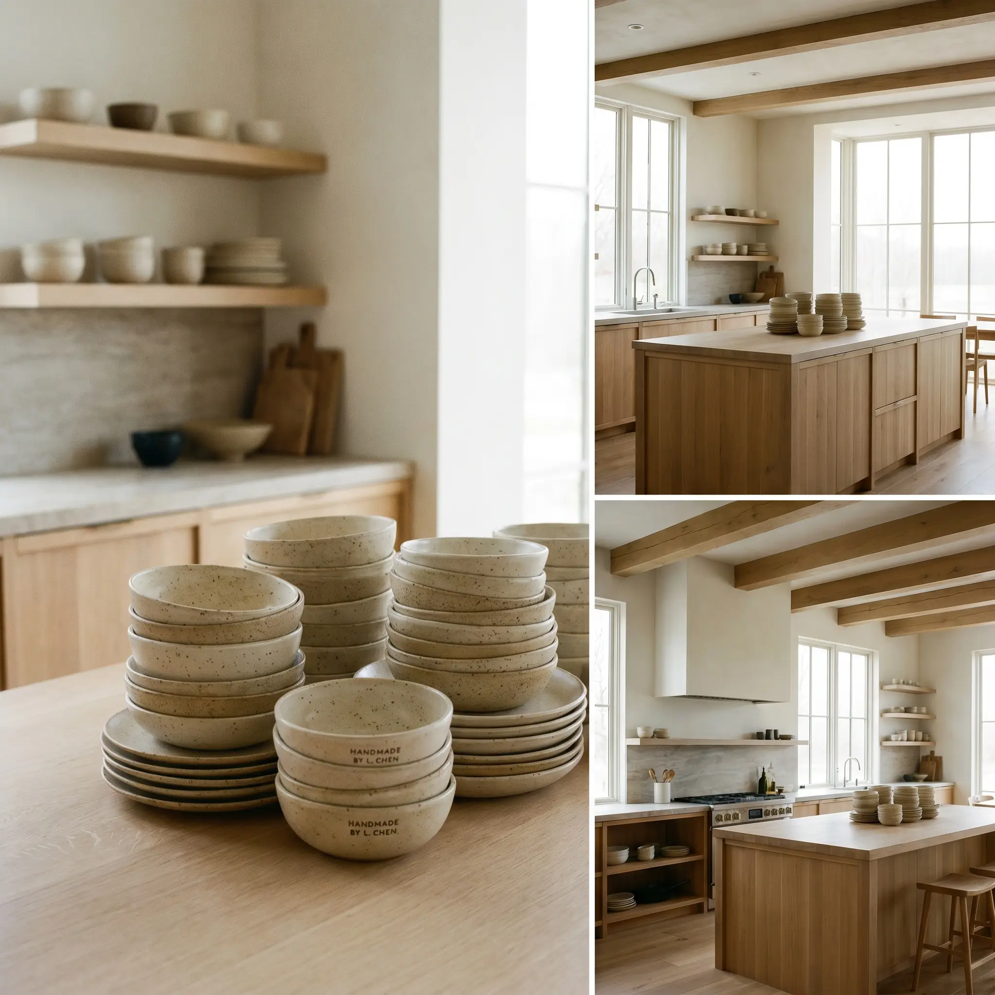 Wheel-thrown stoneware bowls and plates with speckled matte glazes are stacked neatly on a pale oak kitchen counter.