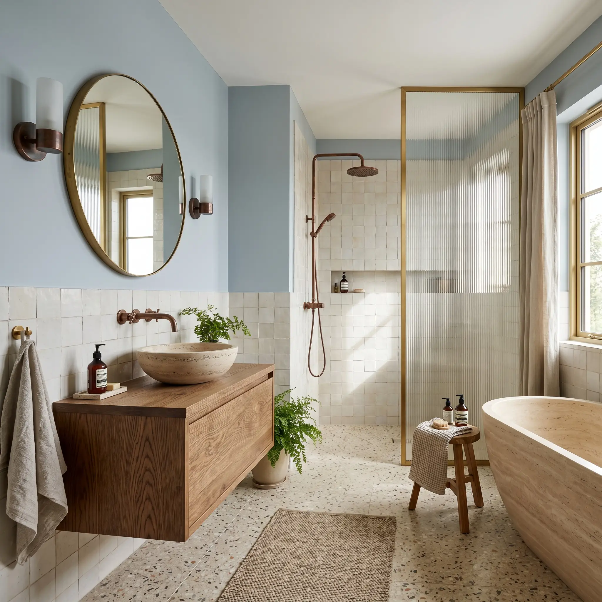Chalky handmade zellige tile wainscoting stabilizes upper walls painted in a desaturated cyan-blue, accompanied by a floating bleached oak vanity and oxidized copper plumbing fixtures.