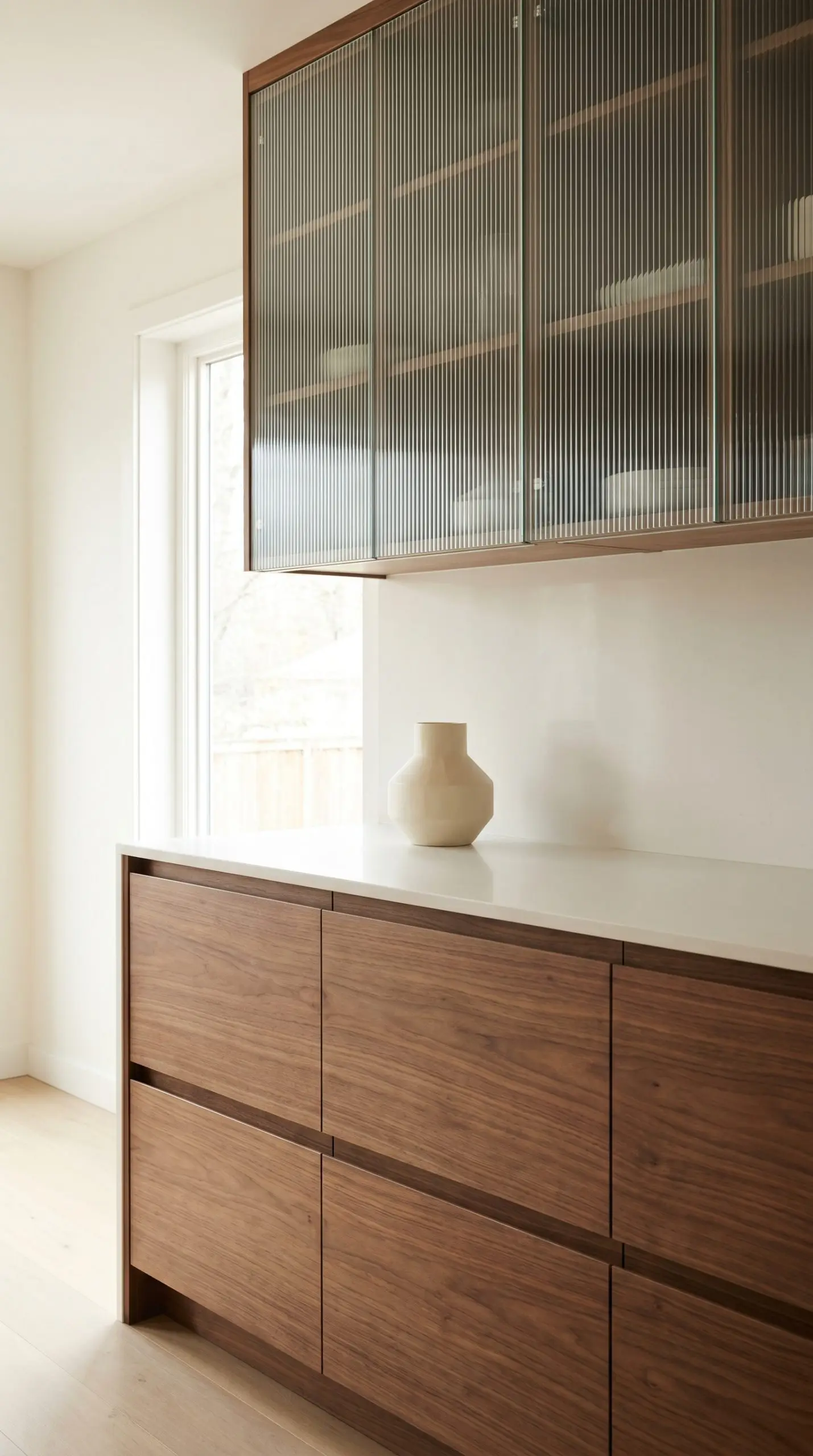 Hardware-free fluted glass upper cabinets and flat-slab rift-sawn wood bases utilize magnetic push-to-open latches for a seamless flush overlay installation.