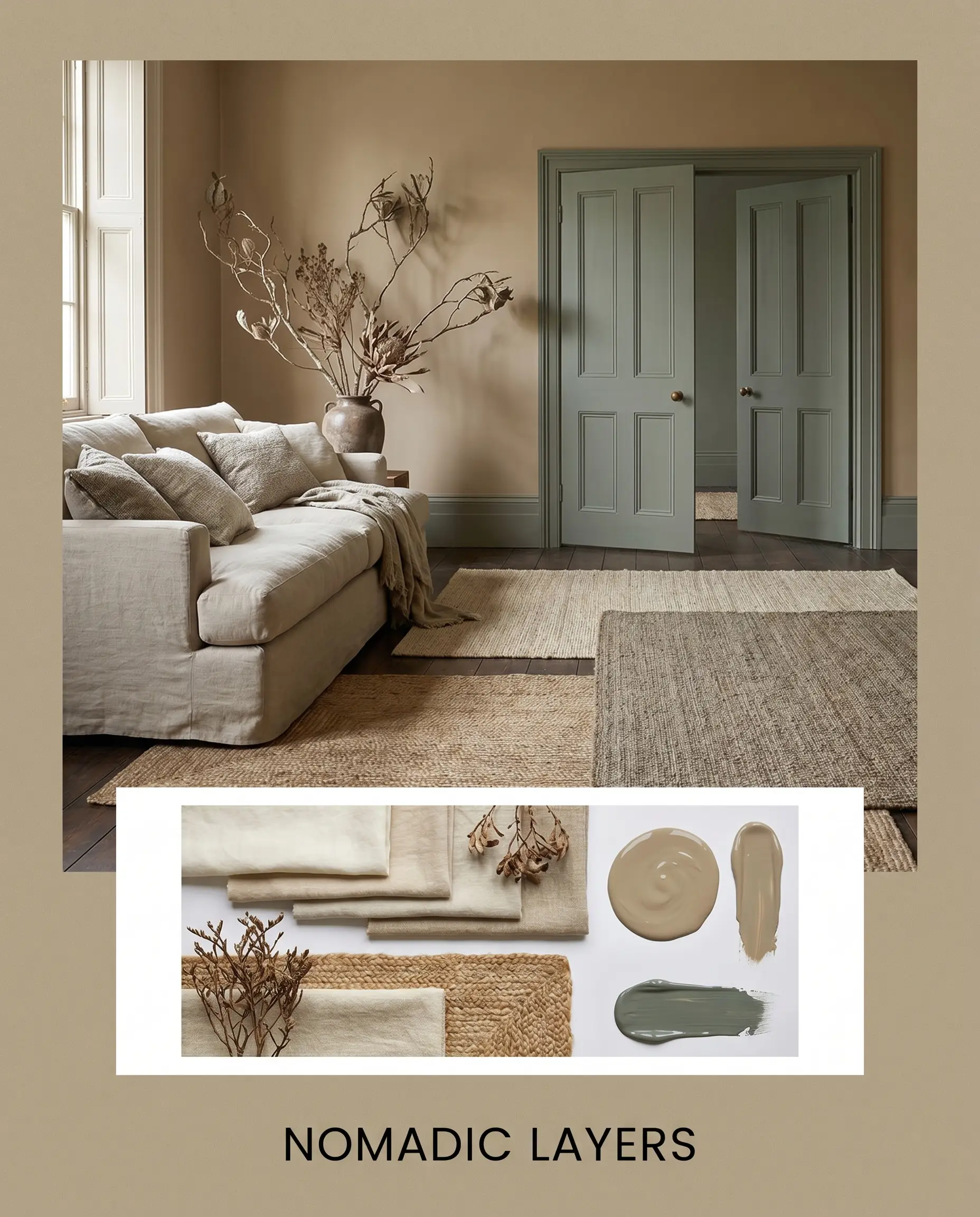 An editorial magazine layout showcases a relaxed living space above a flat-lay containing washed linen fabric swatches, woven jute textures, and dried organic branches.