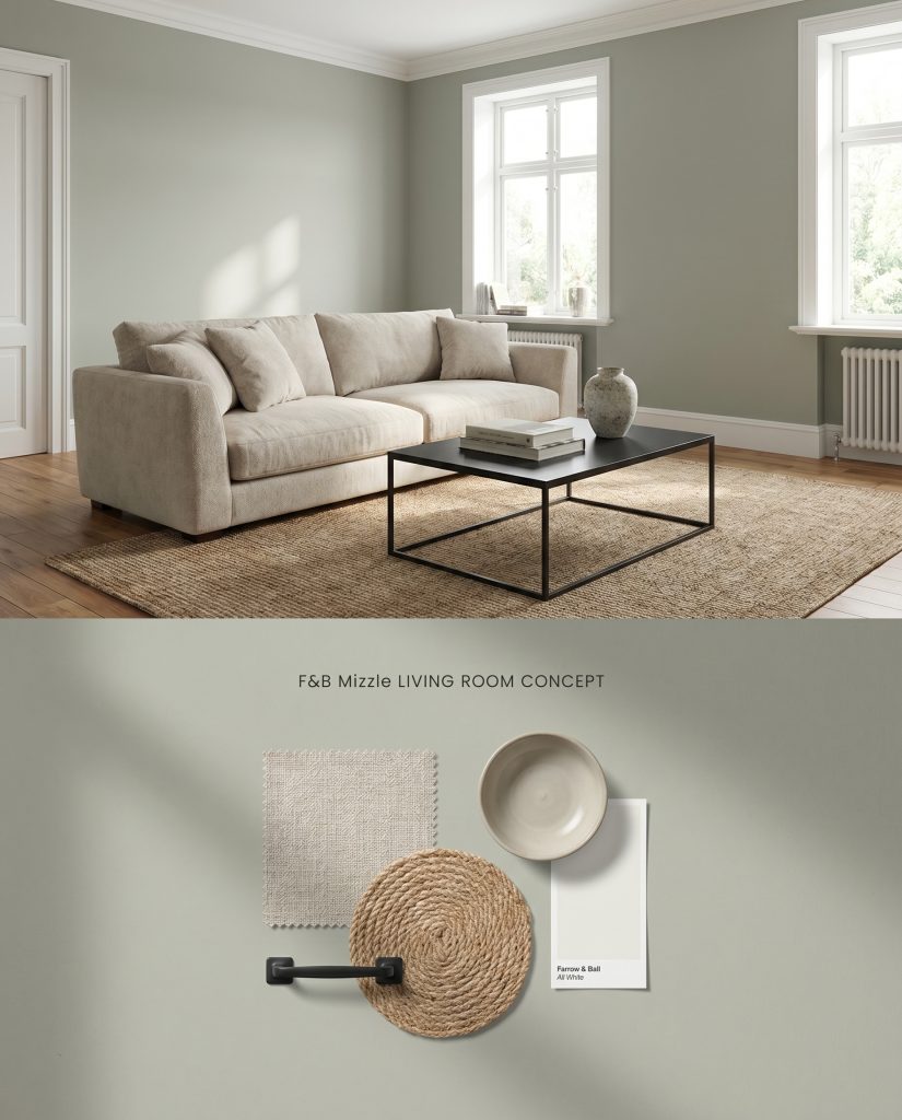 A split digital conceptual board for a living room displaying Farrow & Ball No. 266 walls above a physical material layout with nubby linen, matte black steel, and a jute sample.