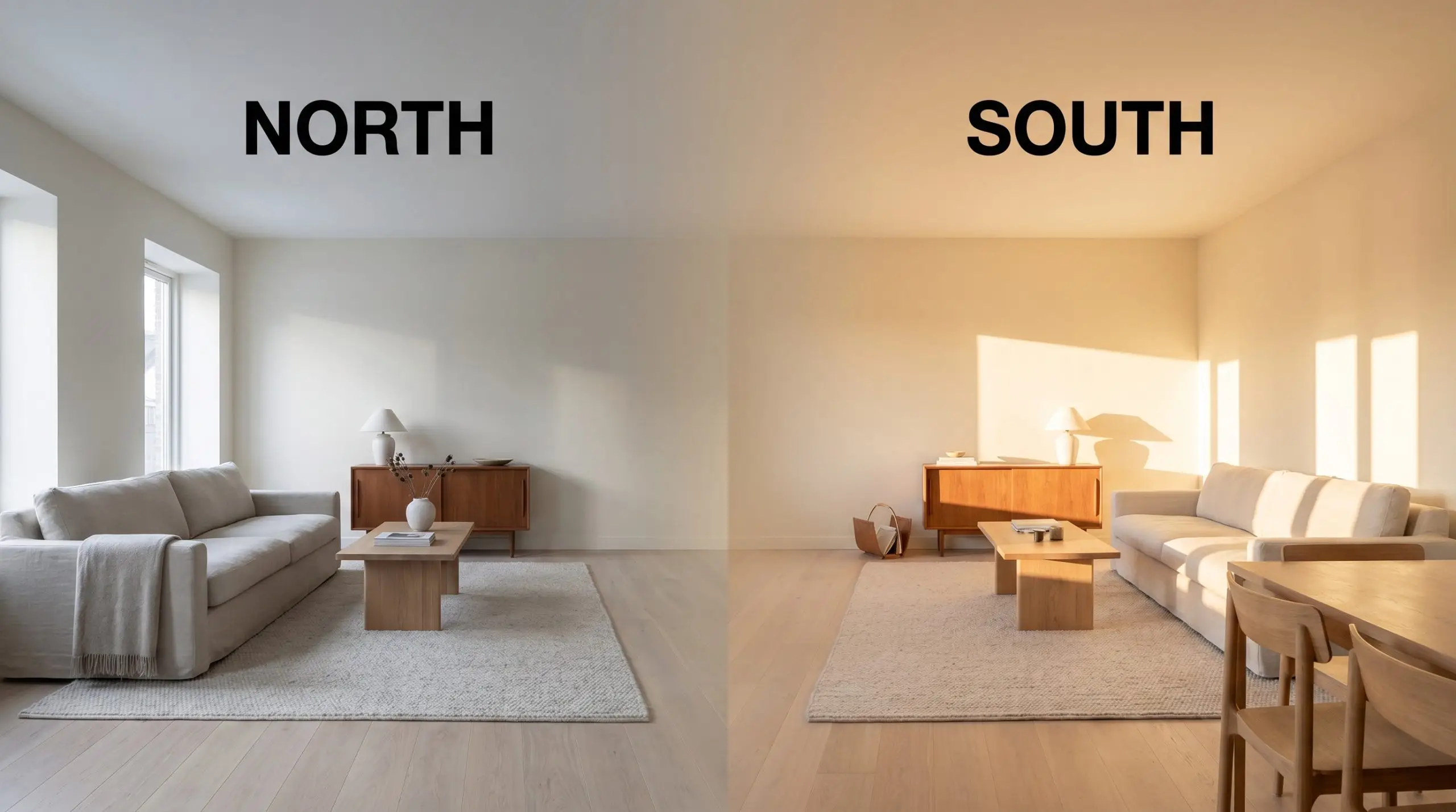 A continuous living room painted in Benjamin Moore Head Over Heels shifts from shadowed grayish tones in cool Northern light to highly luminous peach in warm Southern exposure.