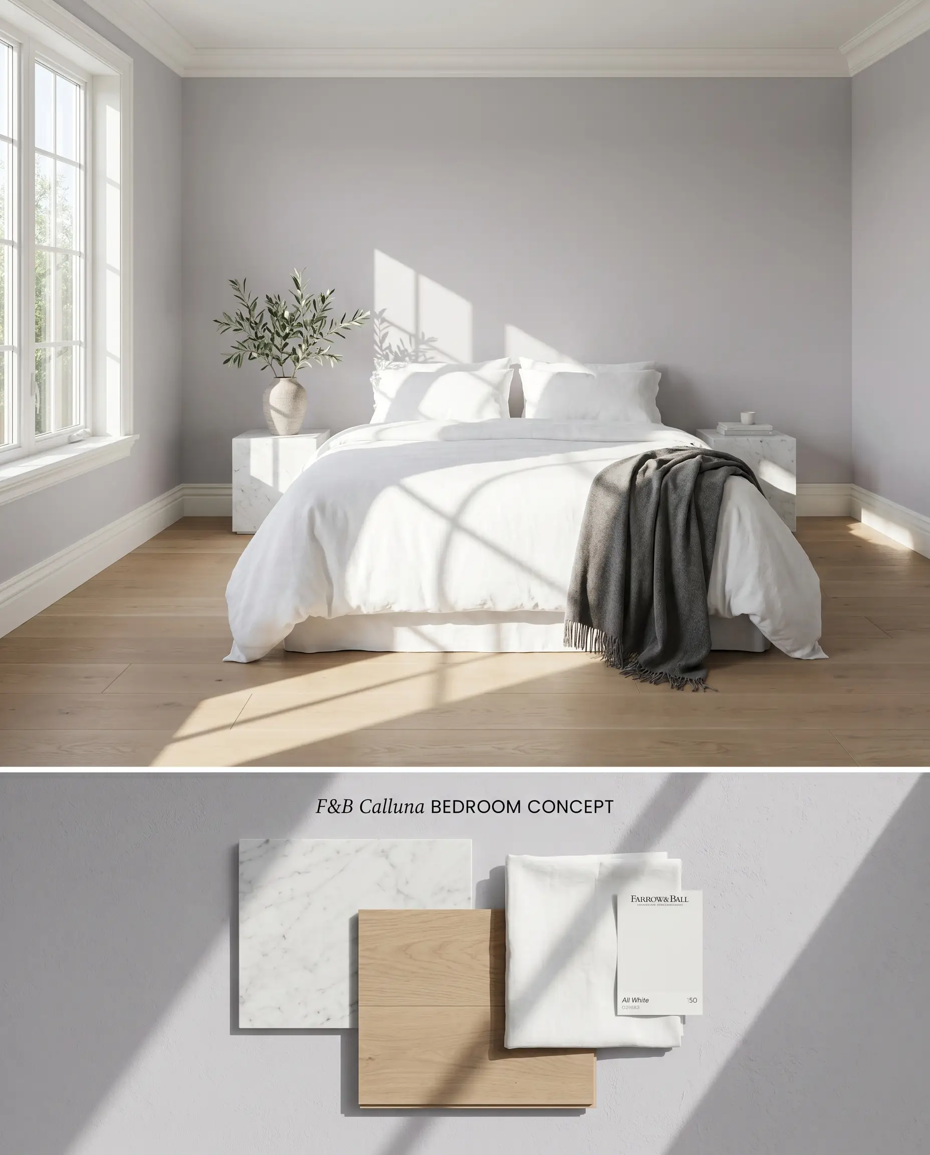 A split digital conceptual board for a primary bedroom, showcasing dusty mauve walls above a physical flat-lay of honed marble and European oak.