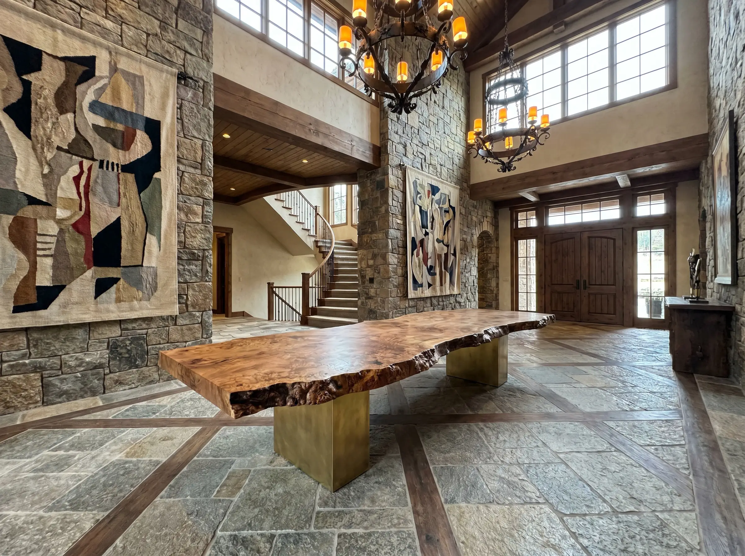Massive 72-inch burl wood console tables elevate luxury entryways, featuring thick edge profiles, solid brass plinths, and large-scale artwork in grand sweeping spaces.