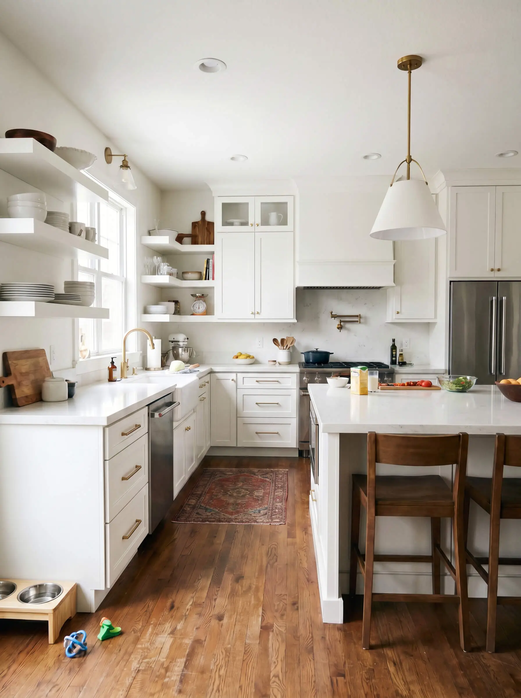 Heavy cast satin brass pulls firmly attach to crisp white shaker kitchen drawers below durable quartz countertops in a high-traffic family space.