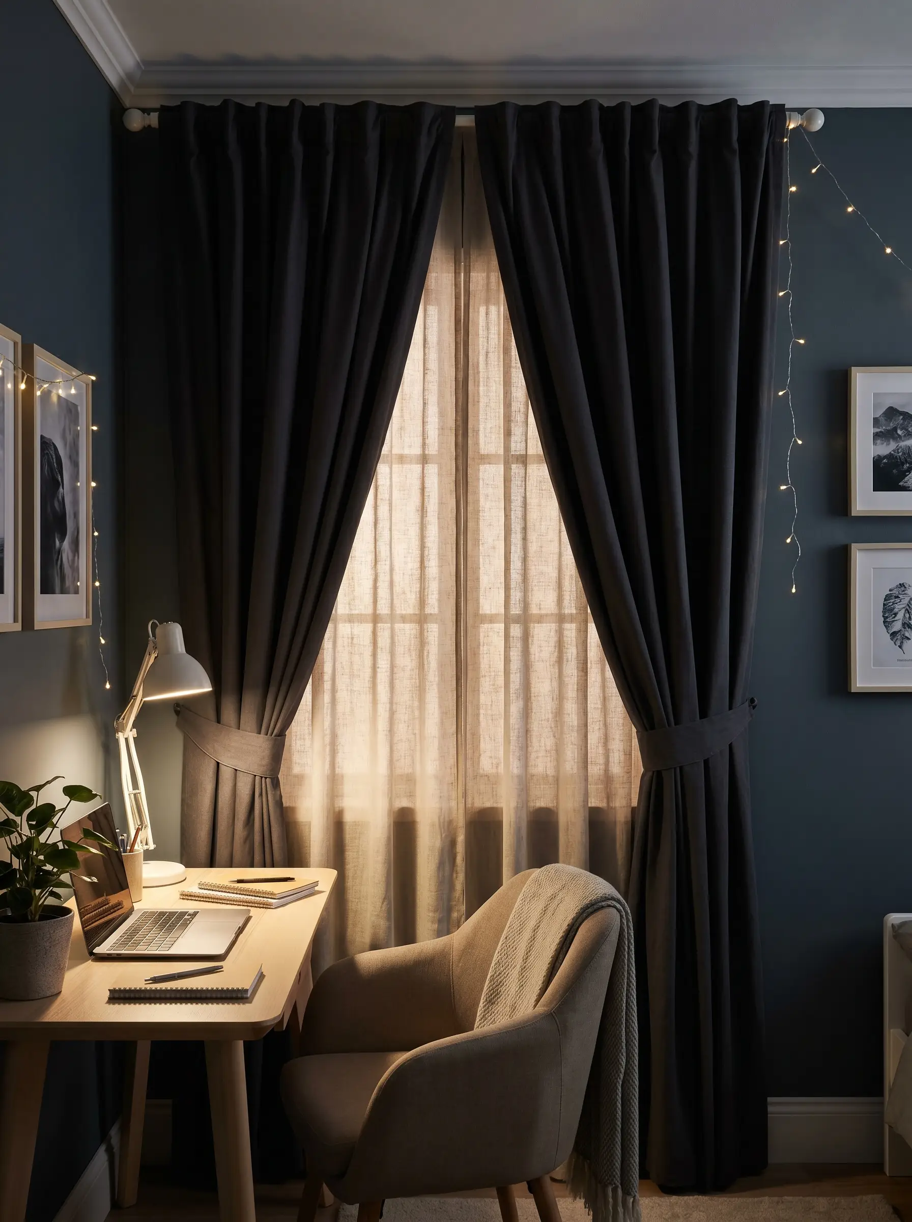 Heavyweight cotton blackout curtain panels layer smoothly over sheer linen window treatments next to a simple wooden desk setup.