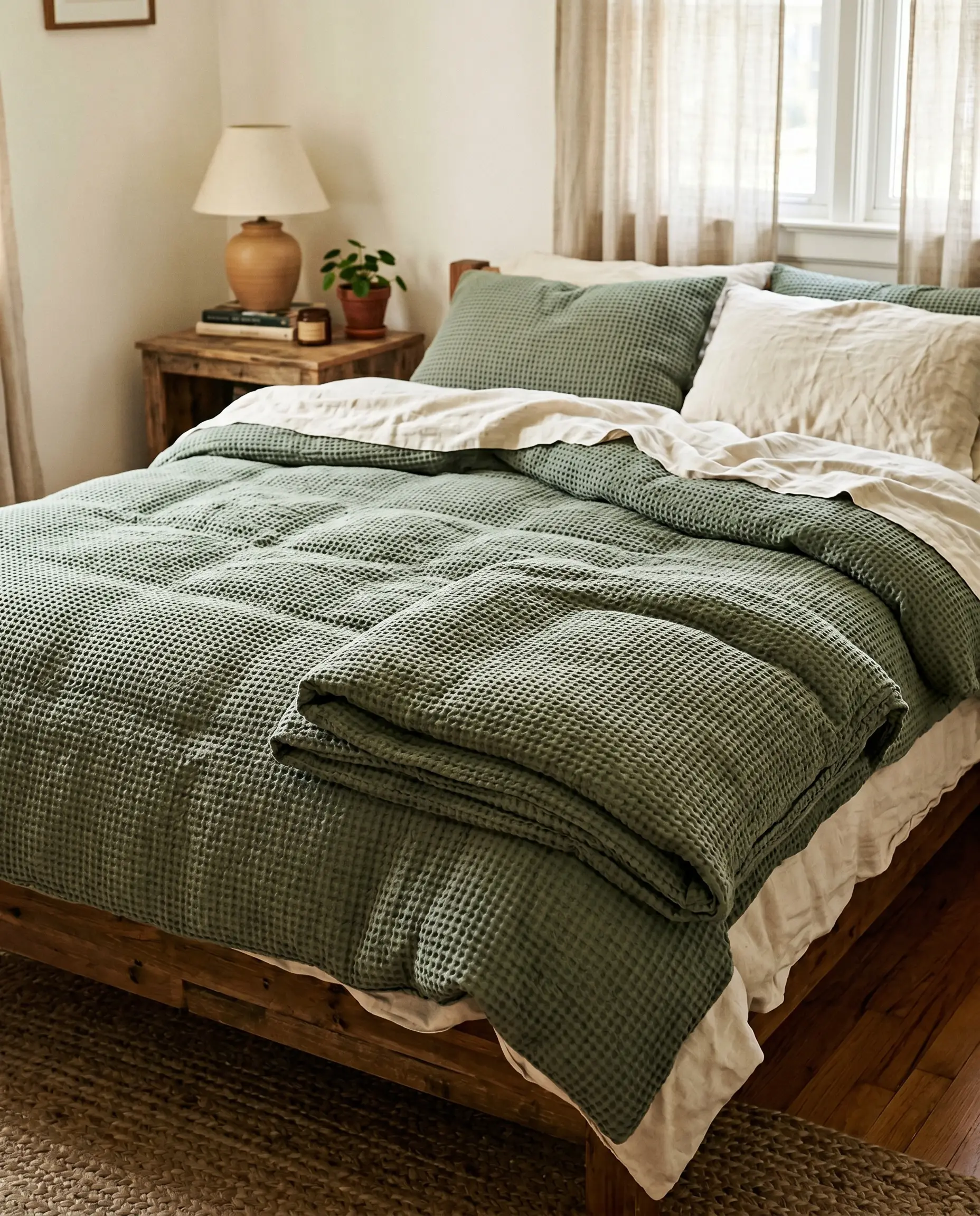 A heavyweight sage green cotton waffle-weave duvet rests folded at the foot of crisp cream sheets in these sage green and cream bedroom ideas.