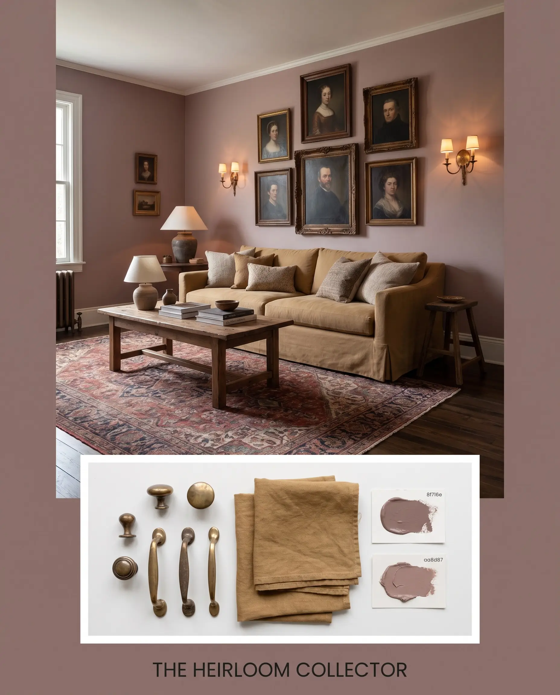 A flat-lay of unlacquered brass hardware and ocher fabric swatches sits beneath a living room featuring antique portraits and a muted ocher slipcovered sofa.