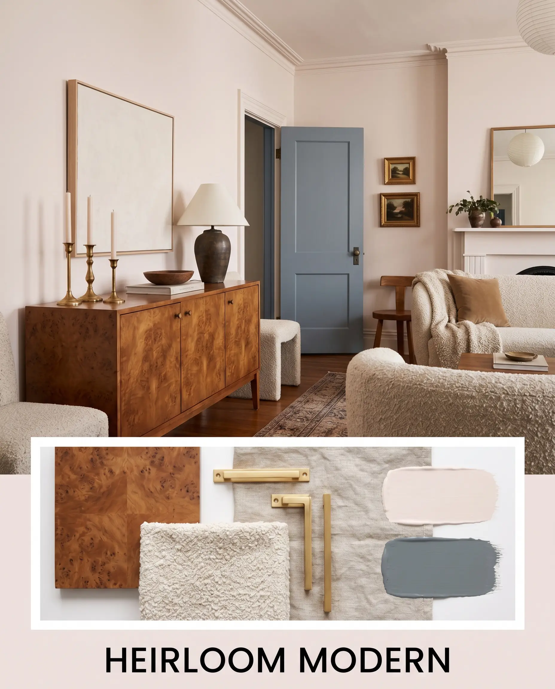 An heirloom modern editorial flat-lay features physical samples of burl wood, raw brass hardware, bouclé fabric, and washed linen beneath a richly layered transitional living space.