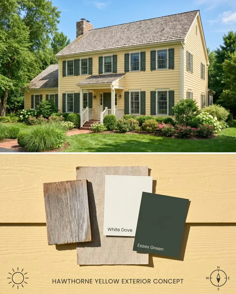 A split digital conceptual board for an exterior featuring Benjamin Moore Hawthorne Yellow lap siding bathed in Southern sunlight, paired with textured cedar shingles.