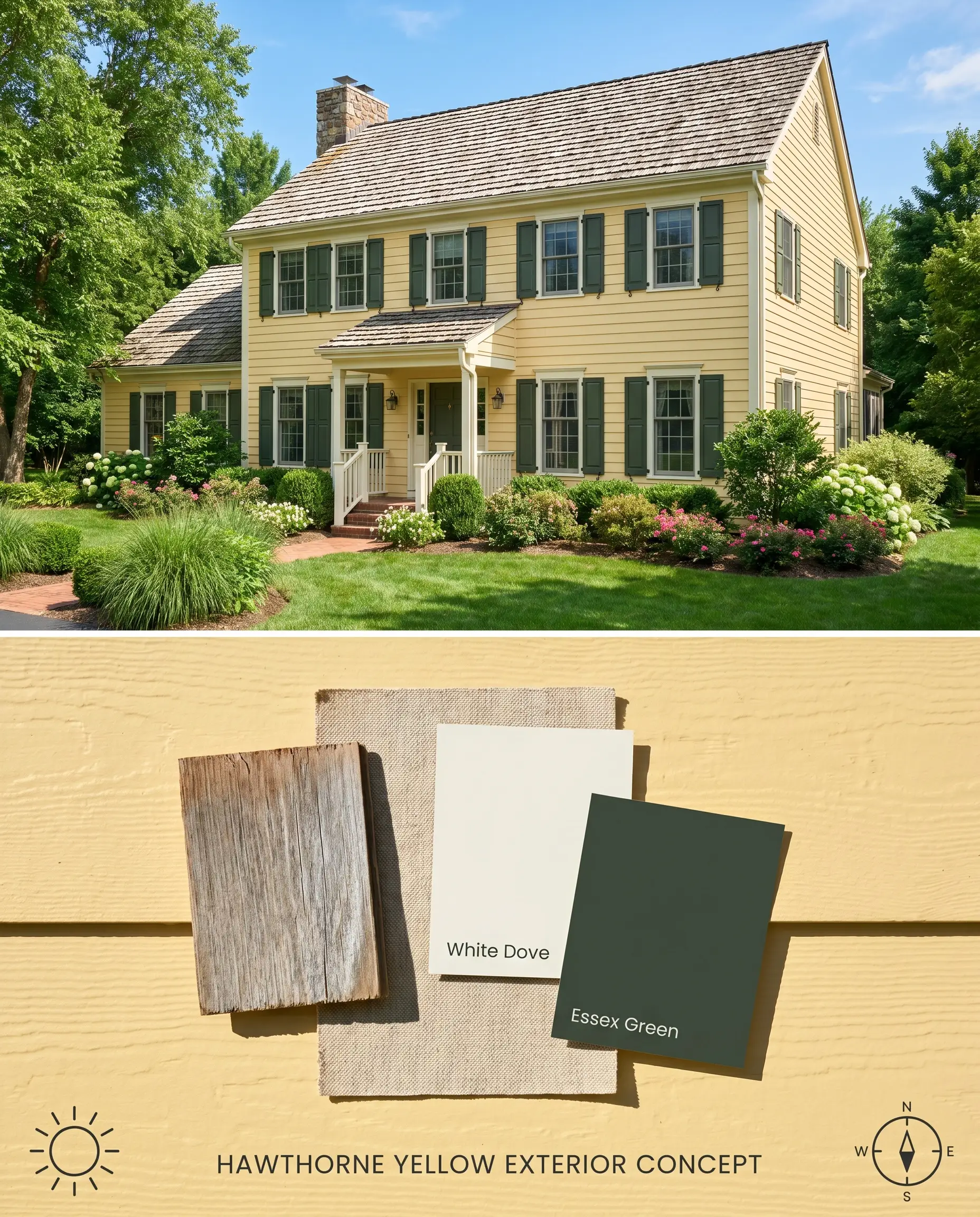 A split digital conceptual board for an exterior featuring Benjamin Moore Hawthorne Yellow lap siding bathed in Southern sunlight, paired with textured cedar shingles.