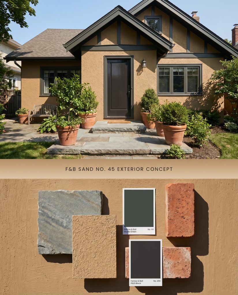 A split digital conceptual board for a heritage exterior showing Farrow & Ball Sand No. 45 stucco siding on top, and a flat-lay of Pennsylvania bluestone and terracotta beneath.