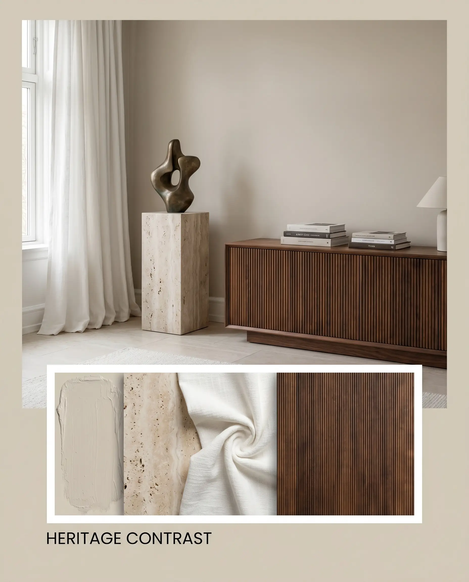 A dark reeded walnut credenza and raw travertine plinth are showcased alongside a material flat-lay featuring heavy slub cotton and wood grain.