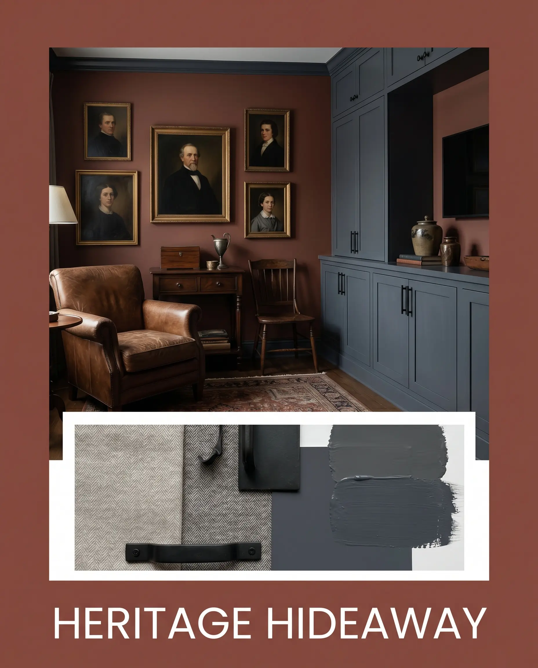 A moody tailored retreat featuring vintage oil portraits rests above a material flat-lay of subtle herringbone textiles, matte black iron, and deep charcoal cabinetry samples.