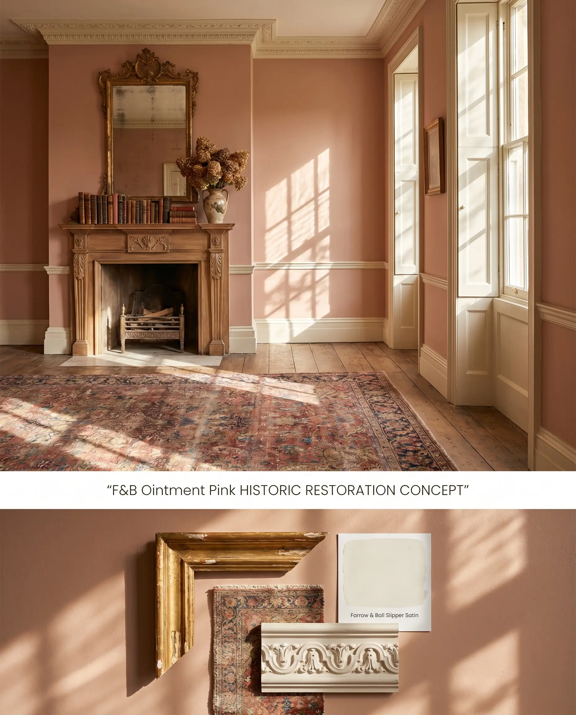 A split digital conceptual board illustrating a heritage pink Georgian living room above a flat-lay of gilded antique framing, plaster molding, and Persian rugs.