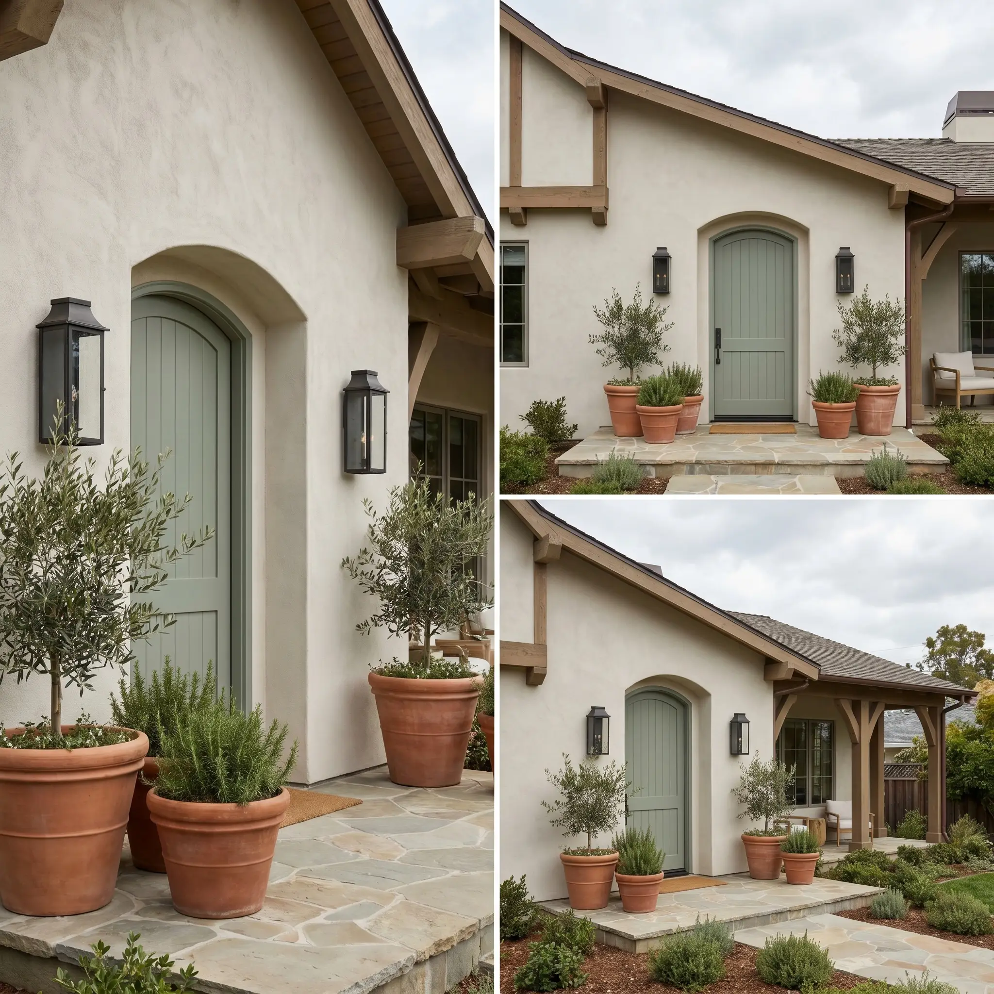 A muted sage green front door and blackened steel wall sconces accent textured off-white stucco walls on a coastal Mediterranean residential exterior.