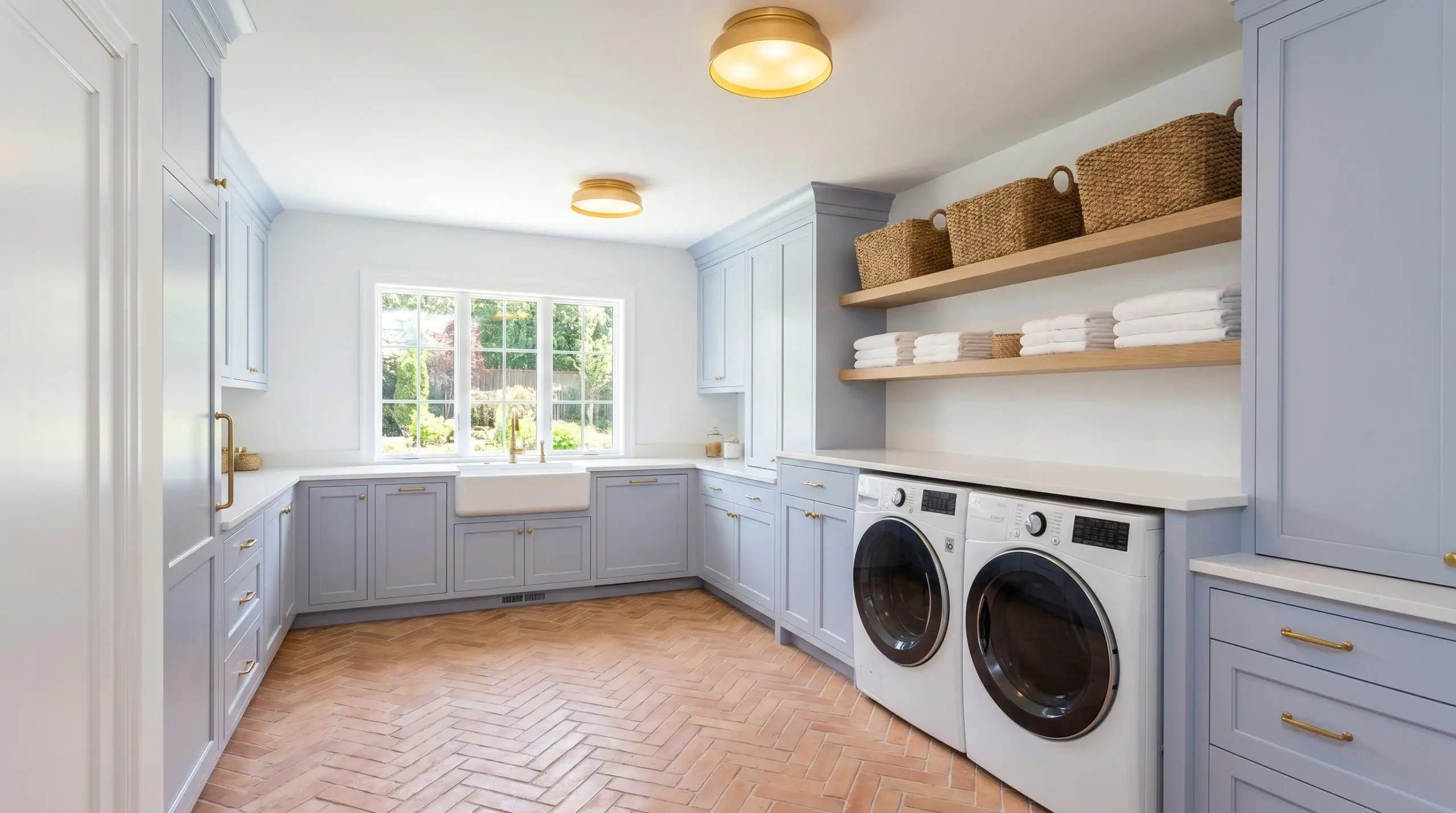 Custom built-in cabinetry painted a cool-toned neutral pairs seamlessly with herringbone terracotta floor tiles and floating white oak shelves holding woven sisal baskets.