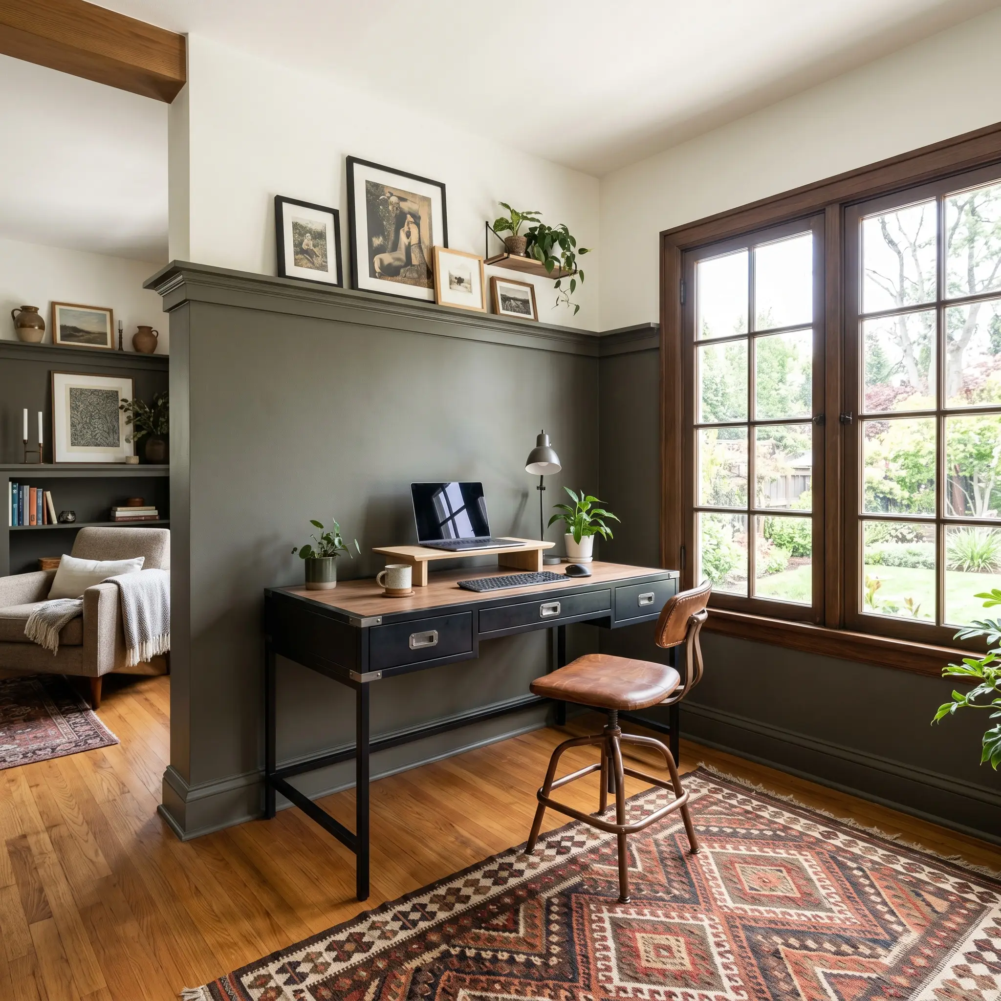 A modernized home office utilizes a split-tone painting technique to create color mass with shadowed woodland green lower walls beneath a crisp warm white upper ceiling and a blackened steel campaign desk.