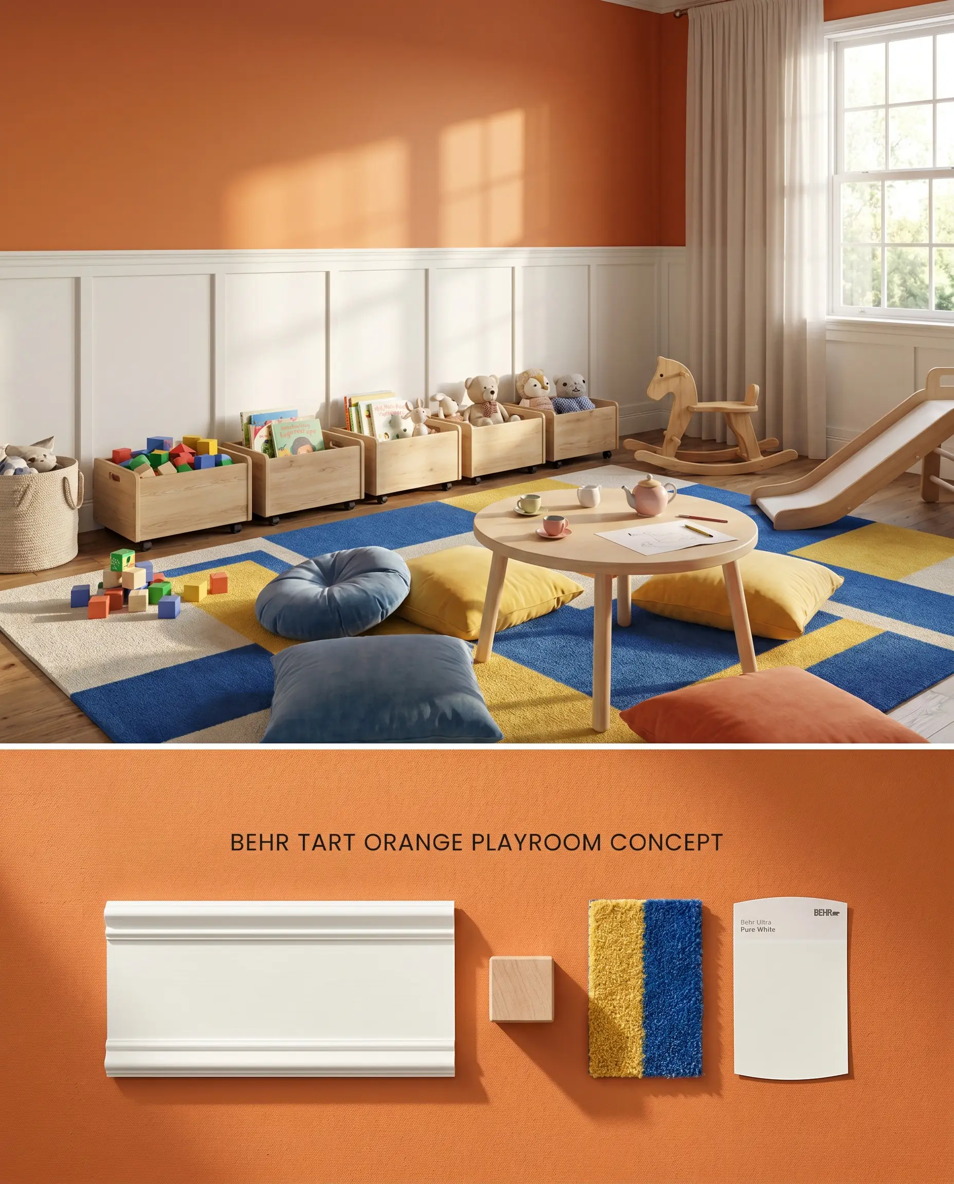 A split digital conceptual board for an energetic playroom featuring Behr Tart Orange upper walls and durable white wainscoting above a physical flat-lay with primary colored rug fibers.