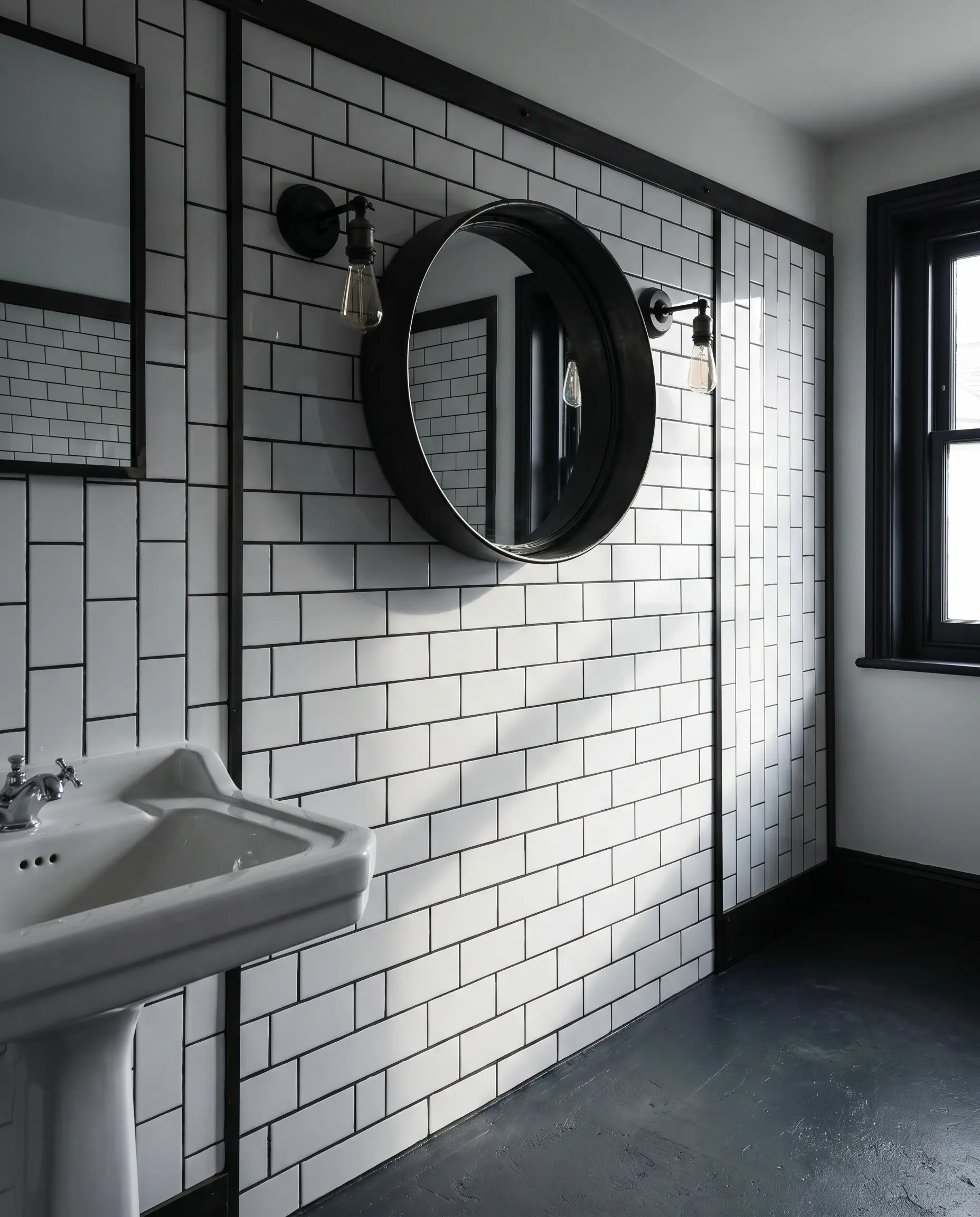 Crisp white subway tile bathroom walls feature high-contrast charcoal black grout, matte black metal edge profiles, an industrial mirror, and matching sconces.