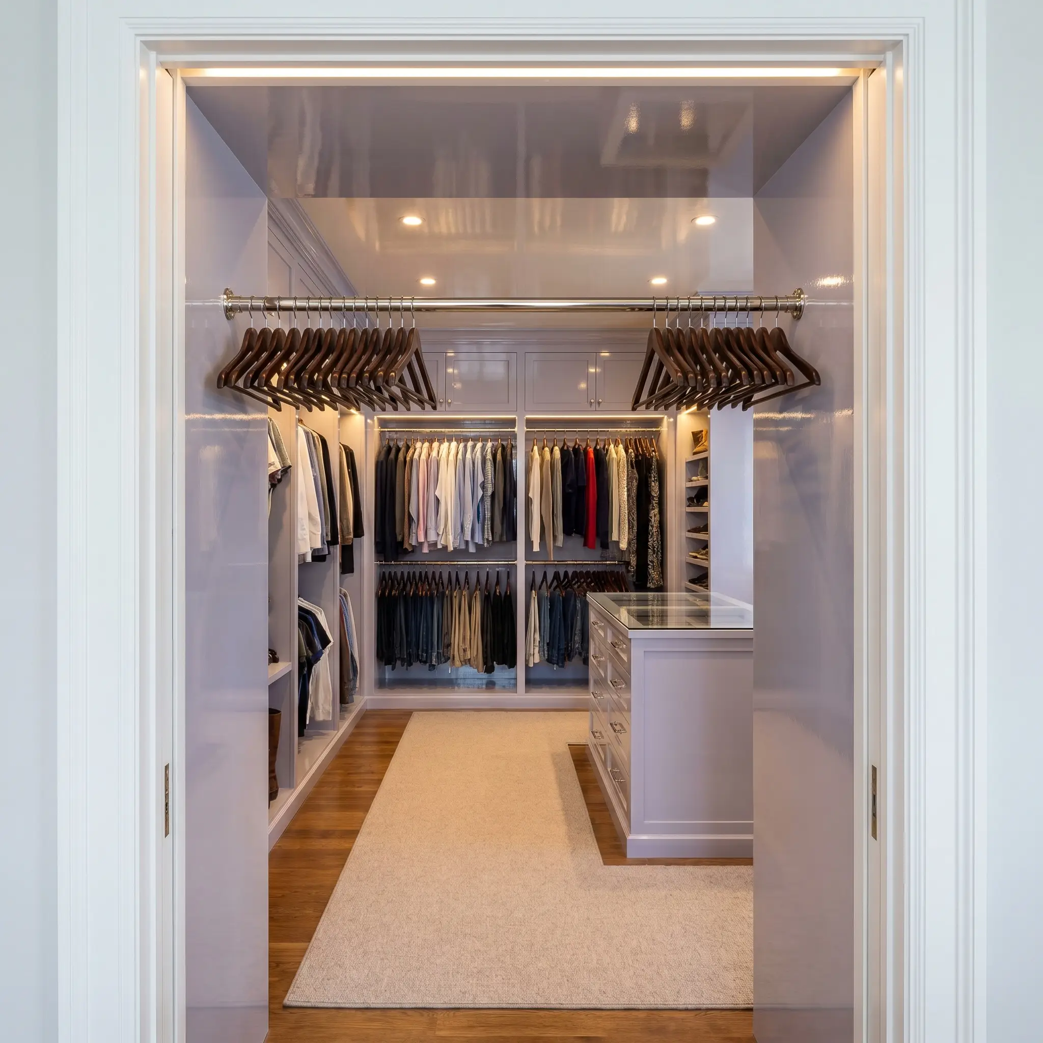 A gleaming polished nickel clothing rod displaying dark chocolate walnut wooden hangers spans a luxurious bespoke walk-in closet painted in a highly reflective muted lilac.