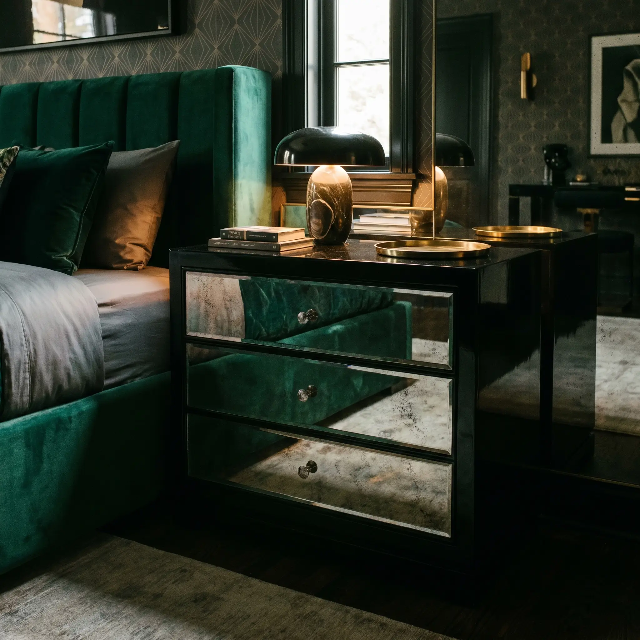A high-gloss lacquered nightstand featuring antiqued mirror drawer fronts sits next to a plush velvet bed in a modern art deco bedroom.