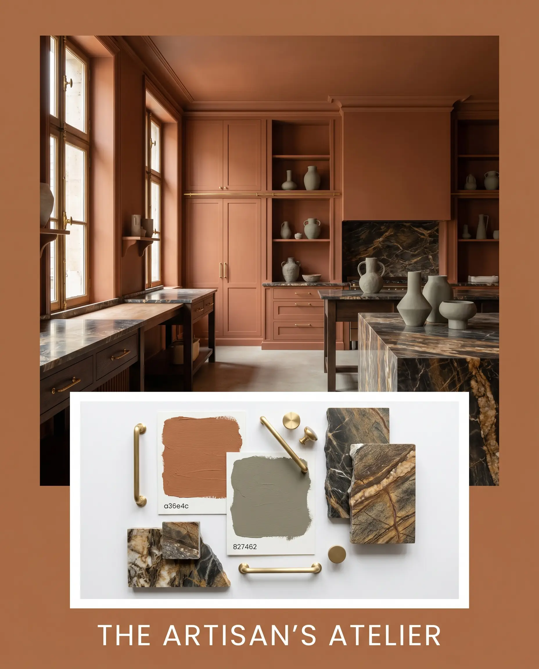 A bespoke historic European-style atelier with heavily veined marble countertops sits above a curated flat-lay of rich burnt orange textures, unlacquered brass pulls, and marble swatches.