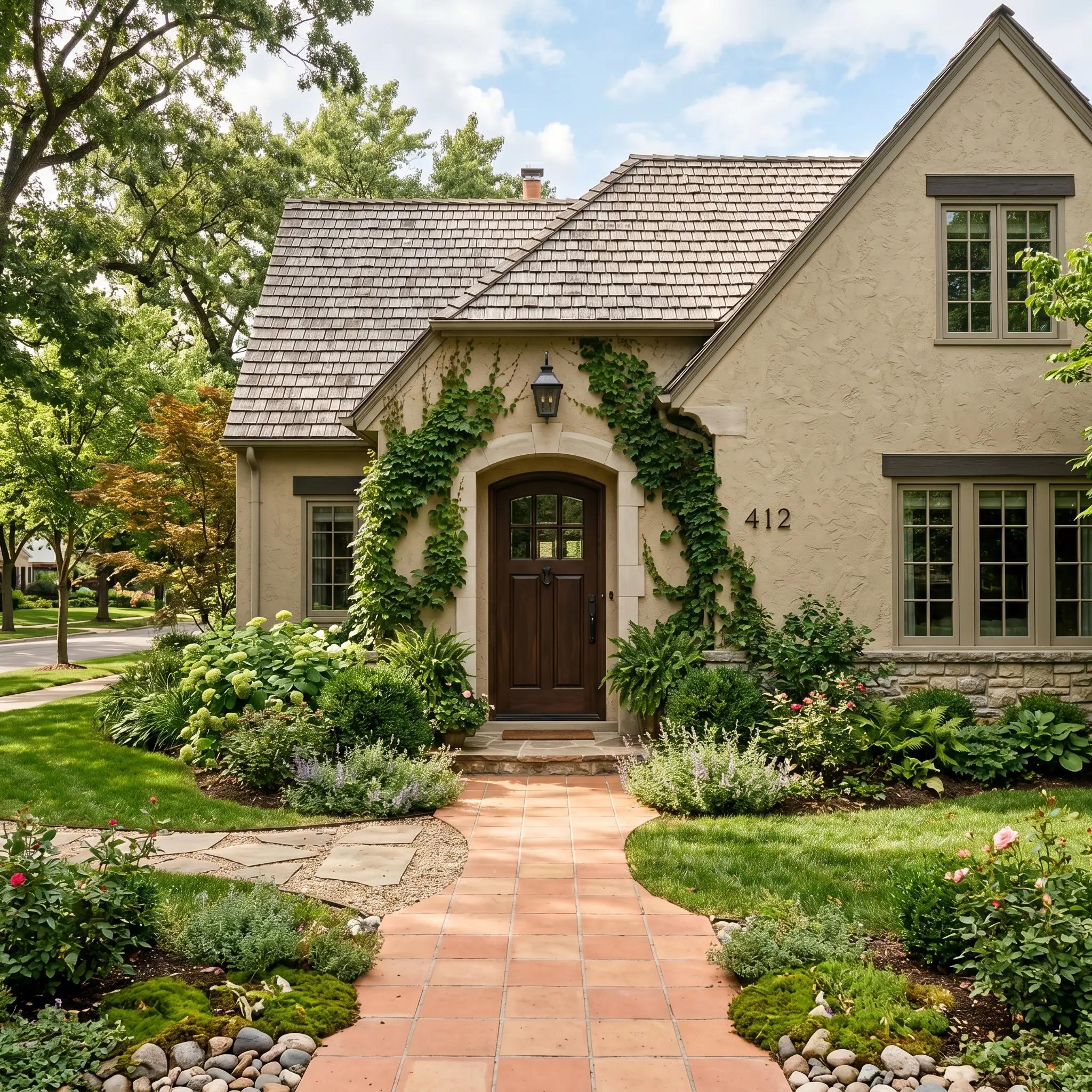 A textured stucco exterior facade mimics soft natural stone, framing a rich espresso brown front door, warm cedar shake roof, and trailing green ivy.