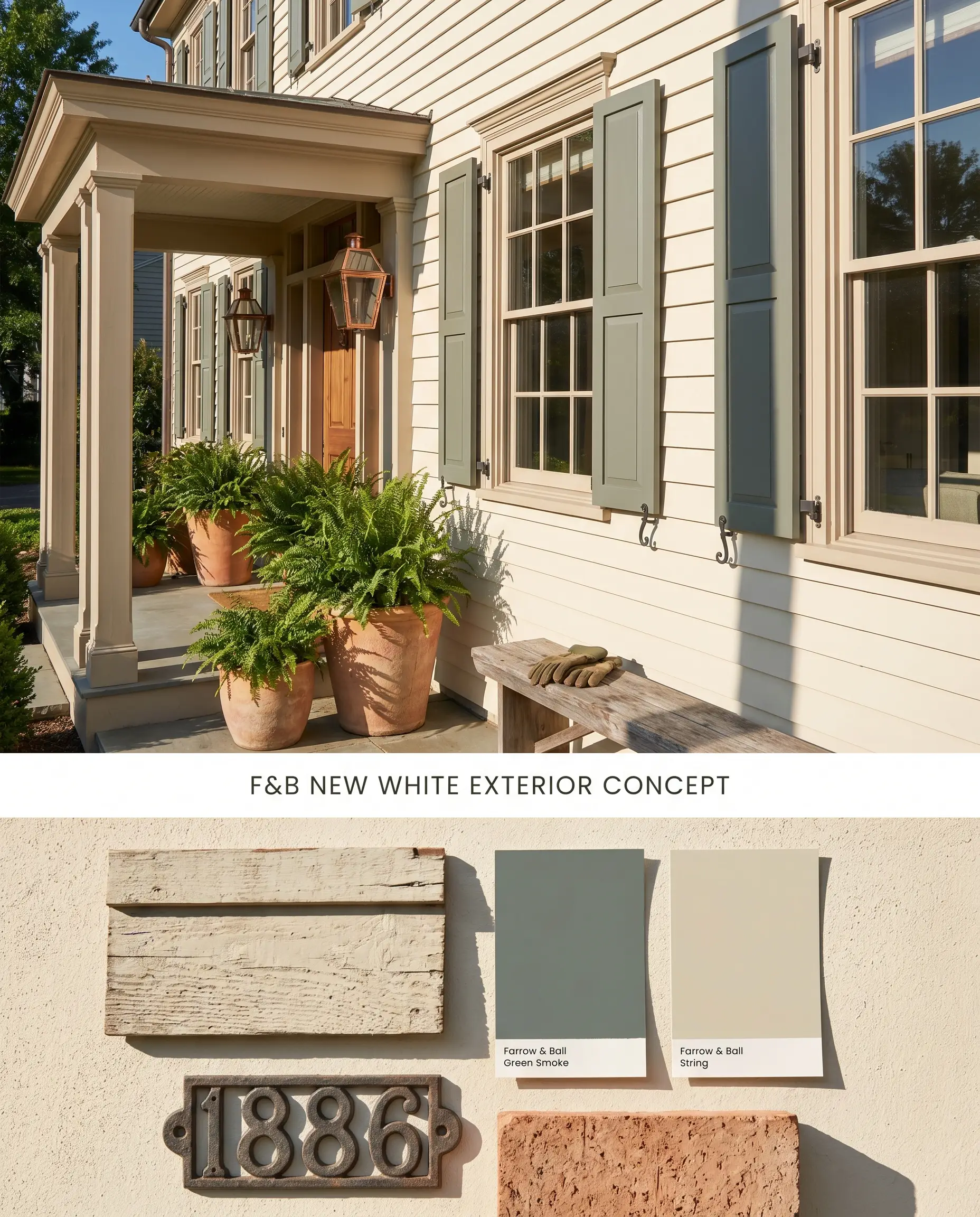 A split digital conceptual board for a historic exterior displaying warm off-white clapboard siding above a textured flat-lay of terracotta and weathered wood.