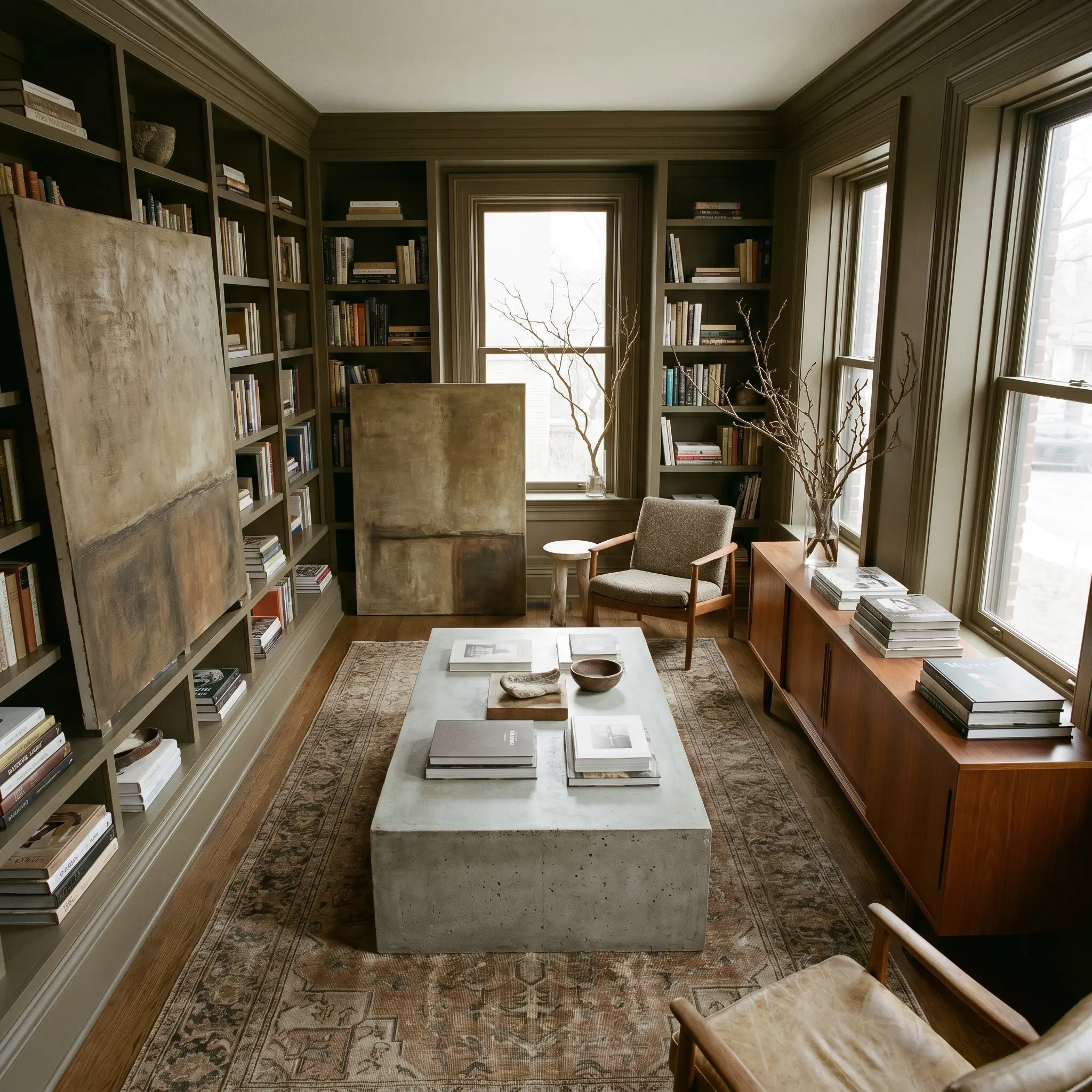 Extensive built-in bookcases and window casings painted in Farrow & Ball Reduced Green (Hex #5c594b) surround a brutalist coffee table and sculptural branches.