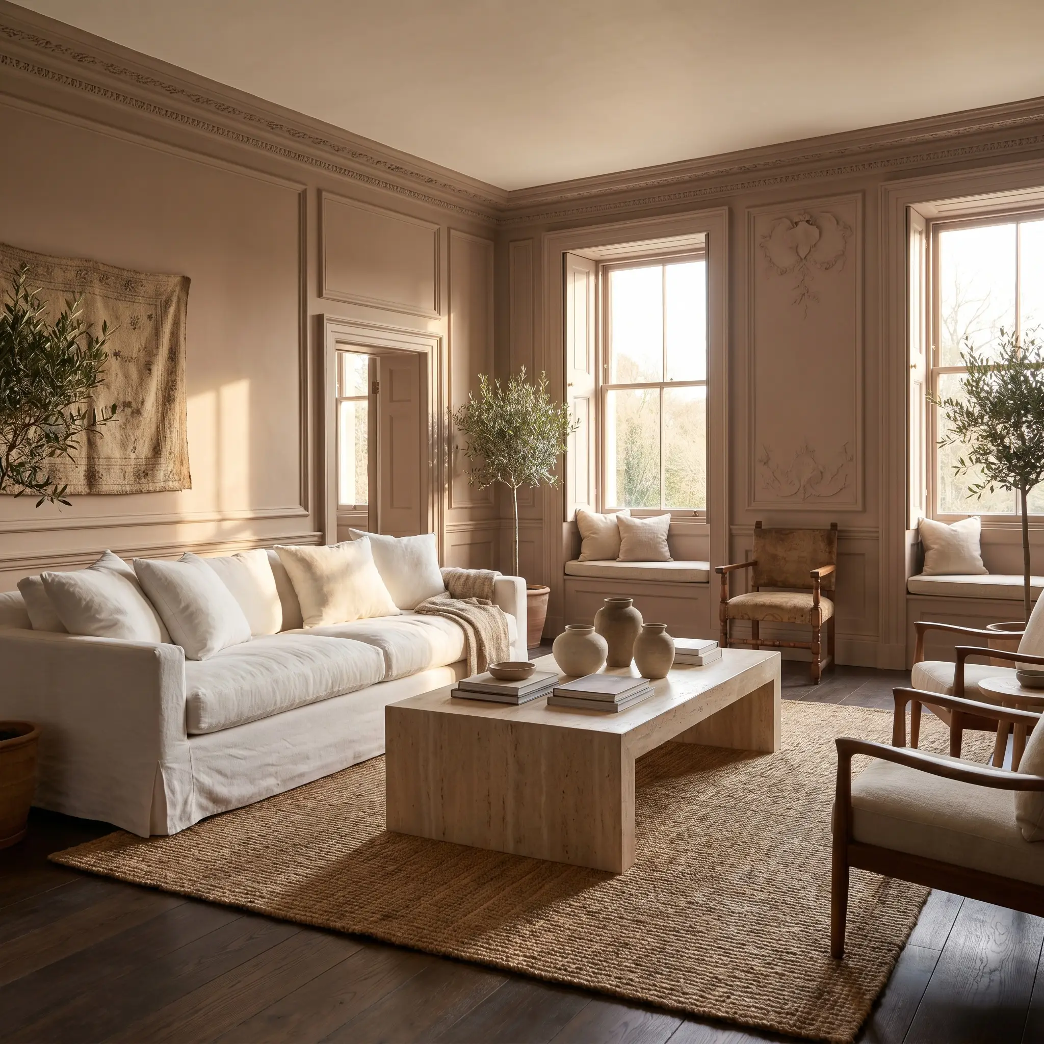 Intricate picture molding painted in Farrow & Ball Mouse's Back frames a heritage living room featuring a monolithic travertine plinth coffee table.