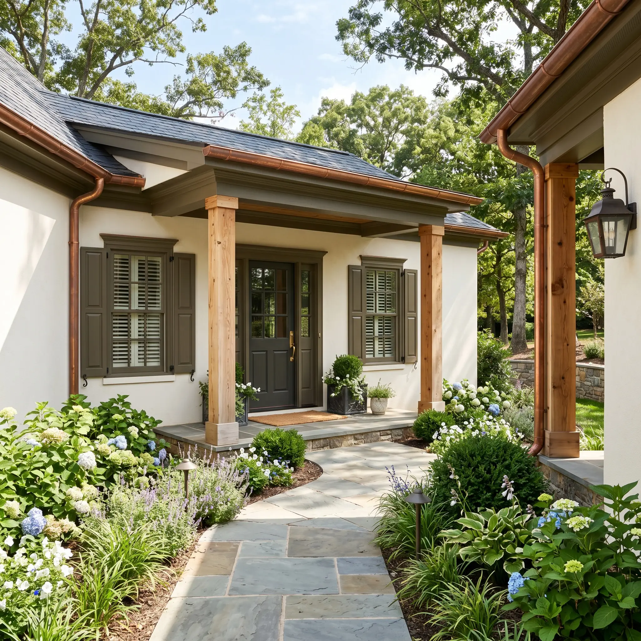 A sophisticated home exterior pairs creamy warm white stucco with dark earthy olive window shutters, raw cedar porch columns, and elegant copper gutters along a slate walkway.
