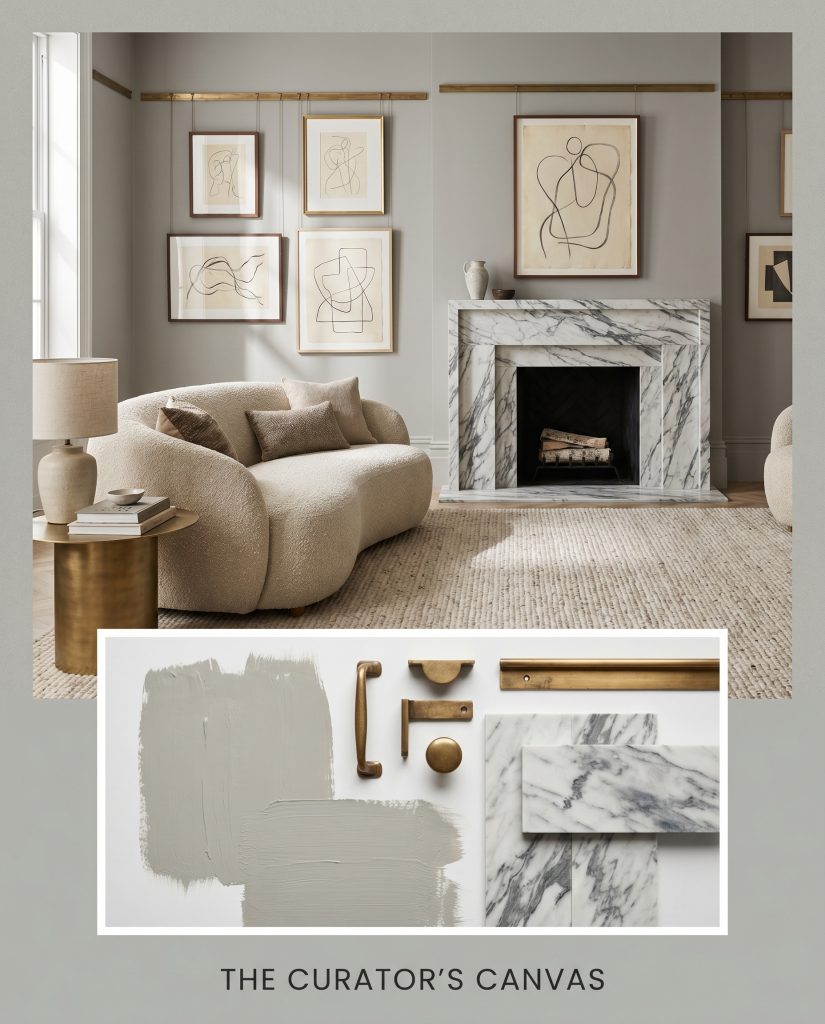 A structural boucle sofa and prominently veined Carrara marble sit below unlacquered brass picture rails against a stormy gray architectural finish wall.