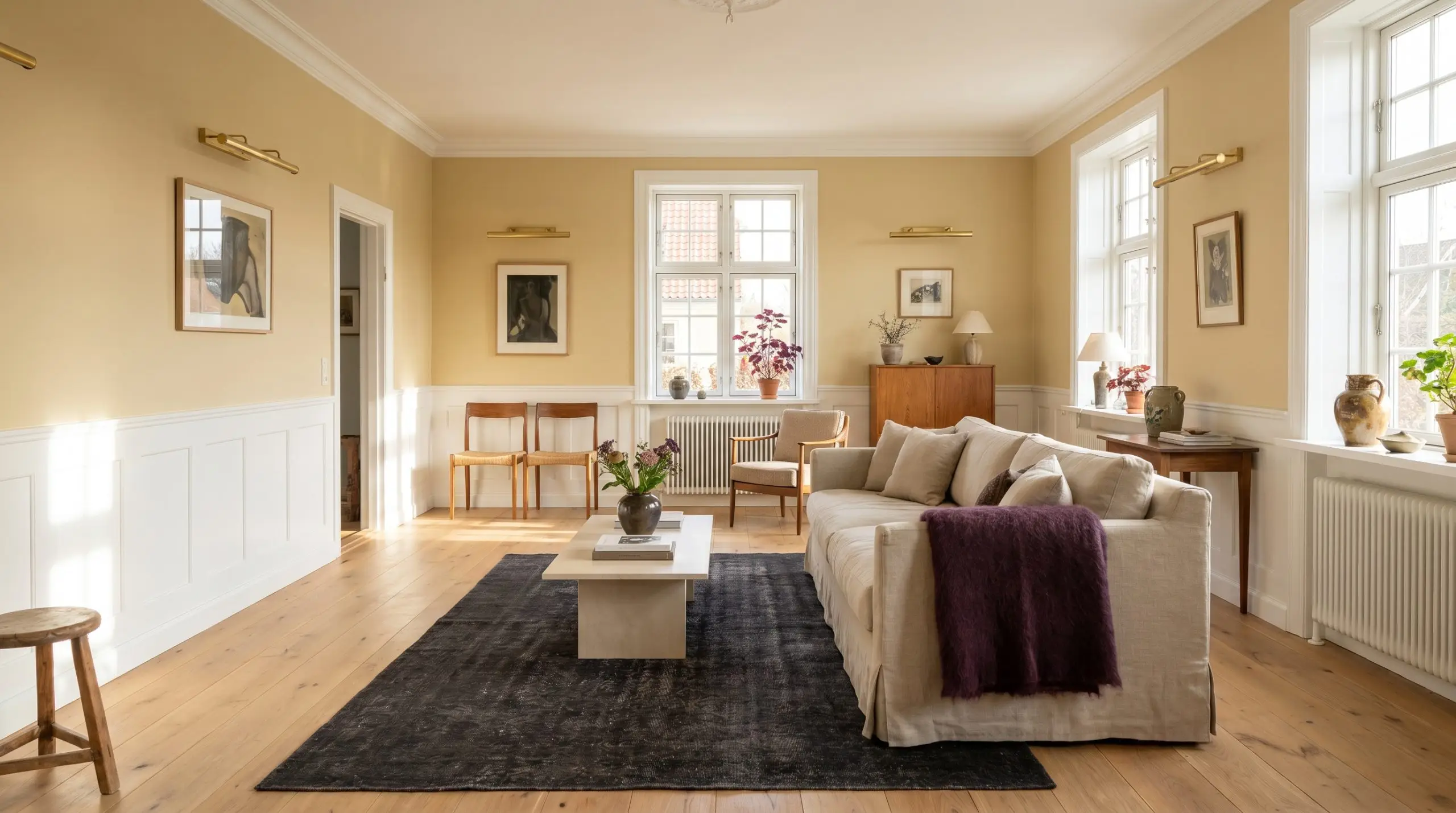 Unlacquered brass gallery lights illuminate upper walls painted in Benjamin Moore Beacon Hill Damask above crisp white wainscoting, a plinth coffee table, and an oatmeal linen sofa.