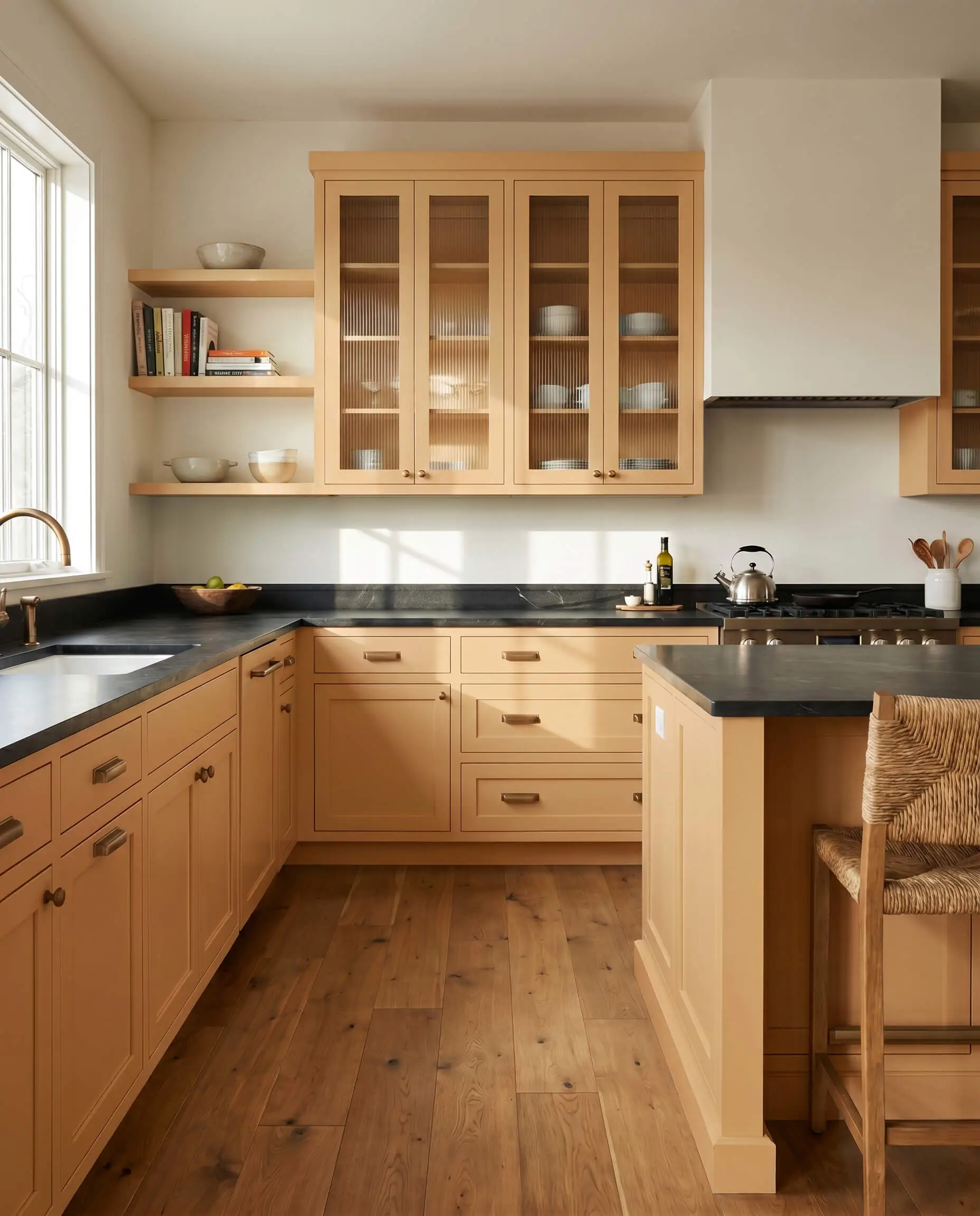 Honed black soapstone countertops contrast sharply against caramel painted lower cabinetry and a central kitchen island, complemented by brushed bronze hardware and reeded glass upper cabinets.