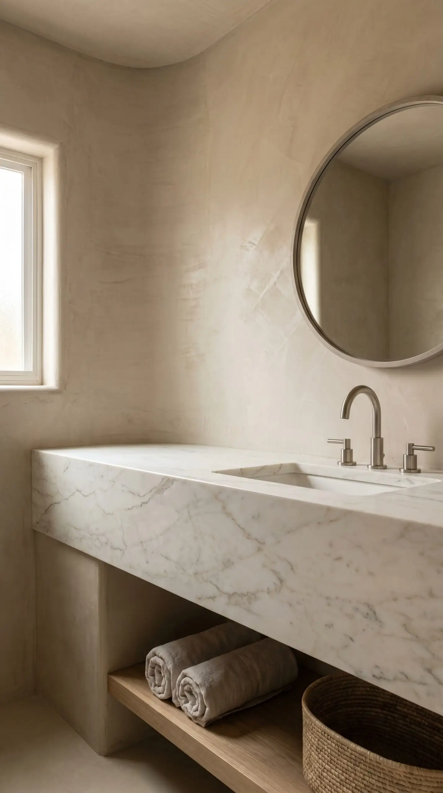 A honed calacatta caldia marble countertop with brushed nickel fixtures sits against warm beige Portola Paints Dune waterproof tadelakt plaster walls.