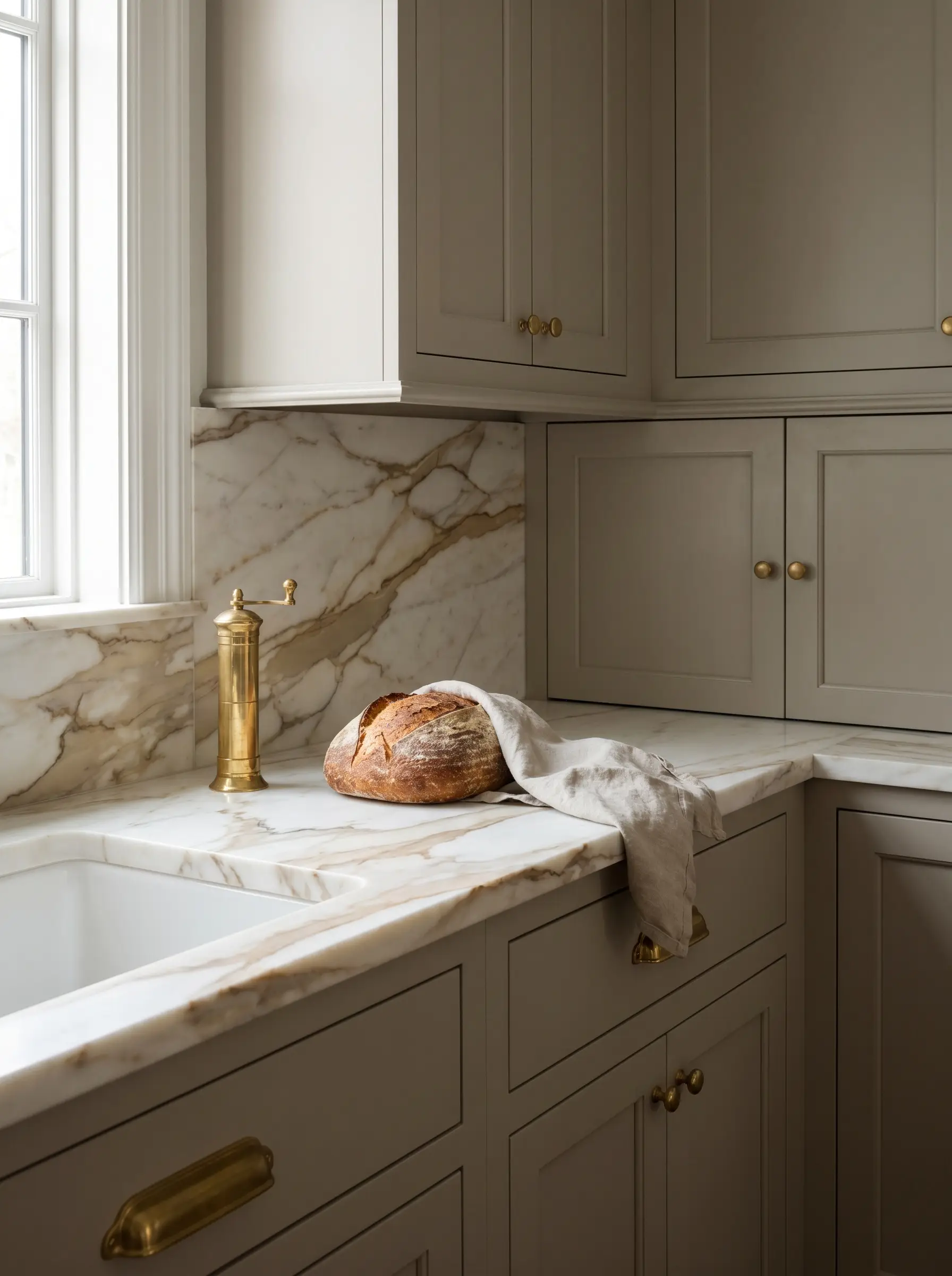 Honed Calacatta Gold marble countertops with a mitered eased edge sit atop painted greige cabinetry, accented by a brass pepper mill and artisan bread.