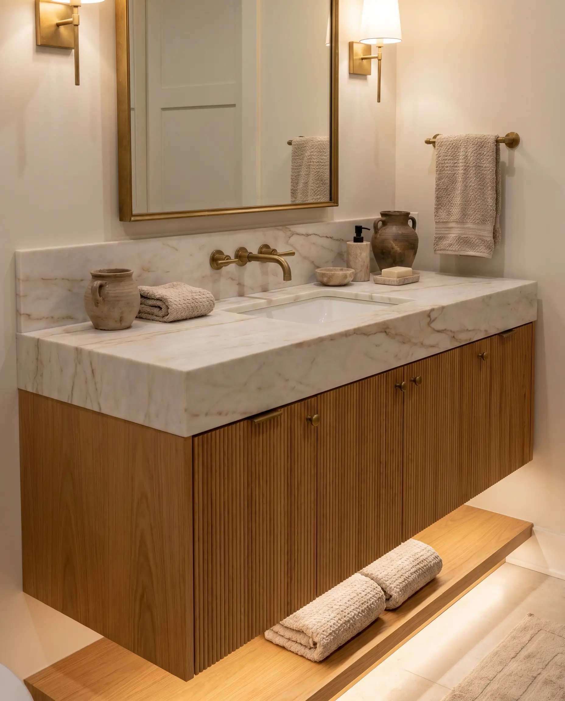 A honed matte Calacatta marble countertop with warm organic veining and an elegant undermount sink sits atop a fluted white oak bathroom vanity.
