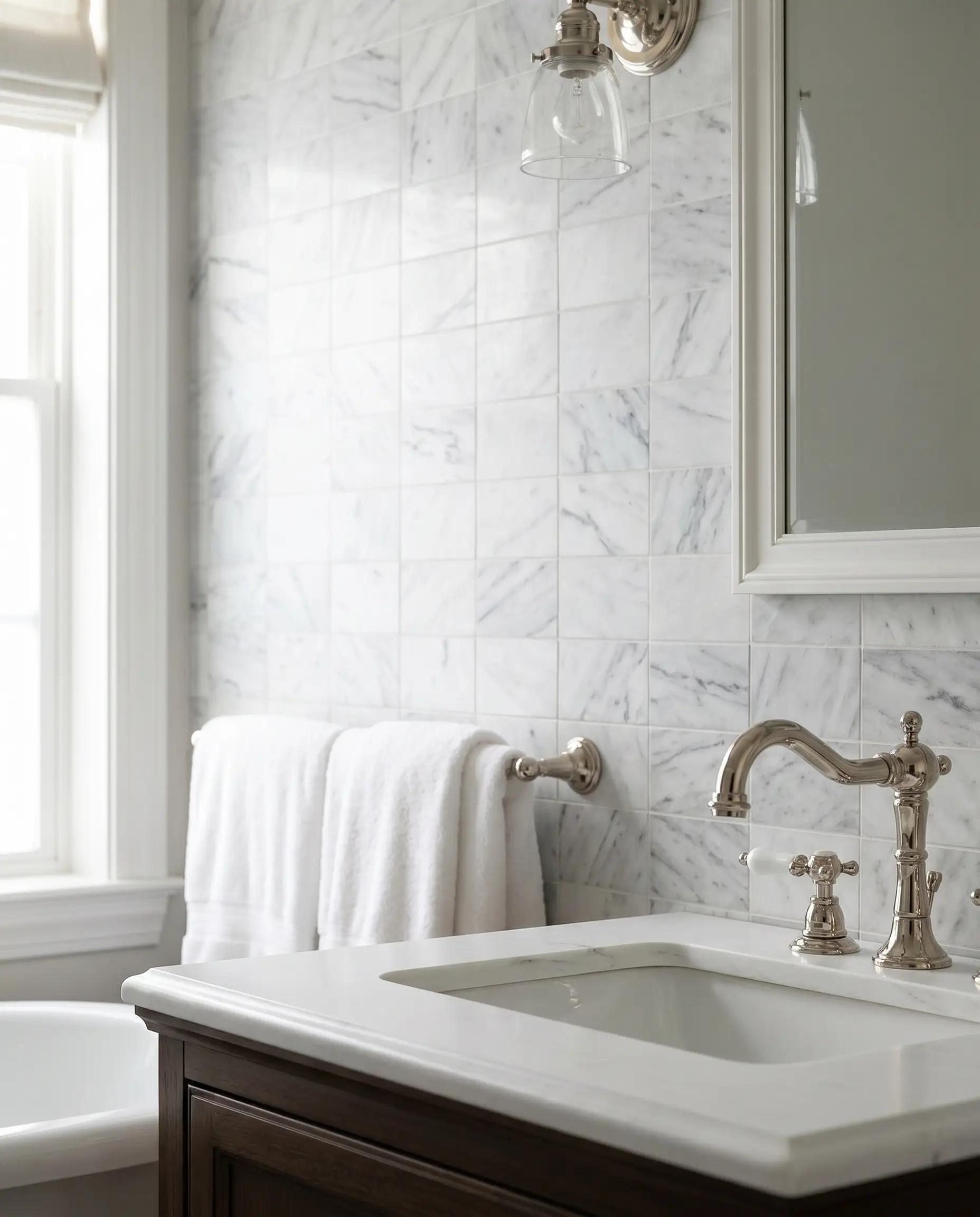 Honed Carrara marble cut into rectangular subway tile bathroom formats displays organic gray veining behind a polished nickel cross-handle faucet and under-mount sink.