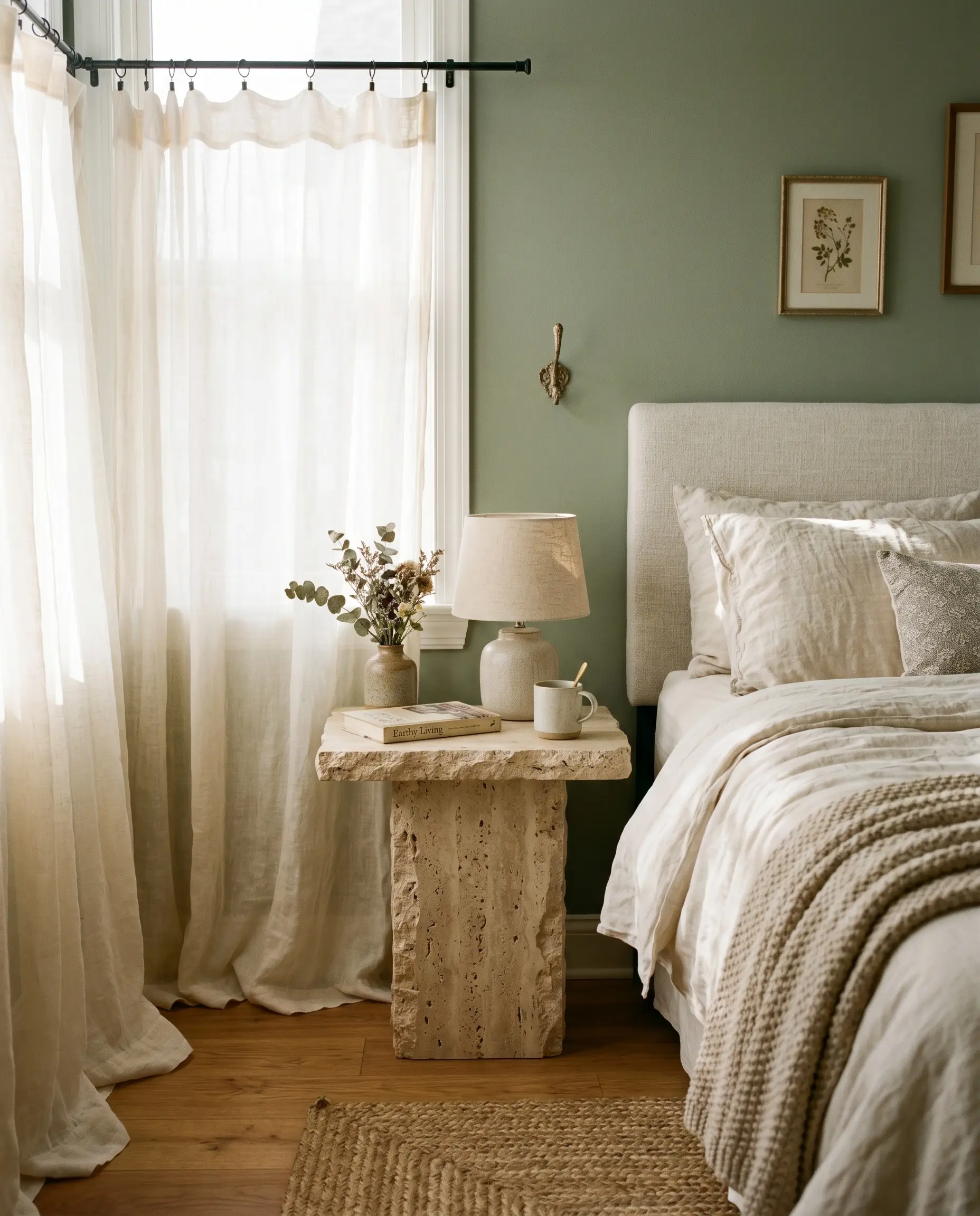 A honed cream travertine bedside table stands beside delicate sheer drapery in this elegant collection of sage green and cream bedroom ideas.