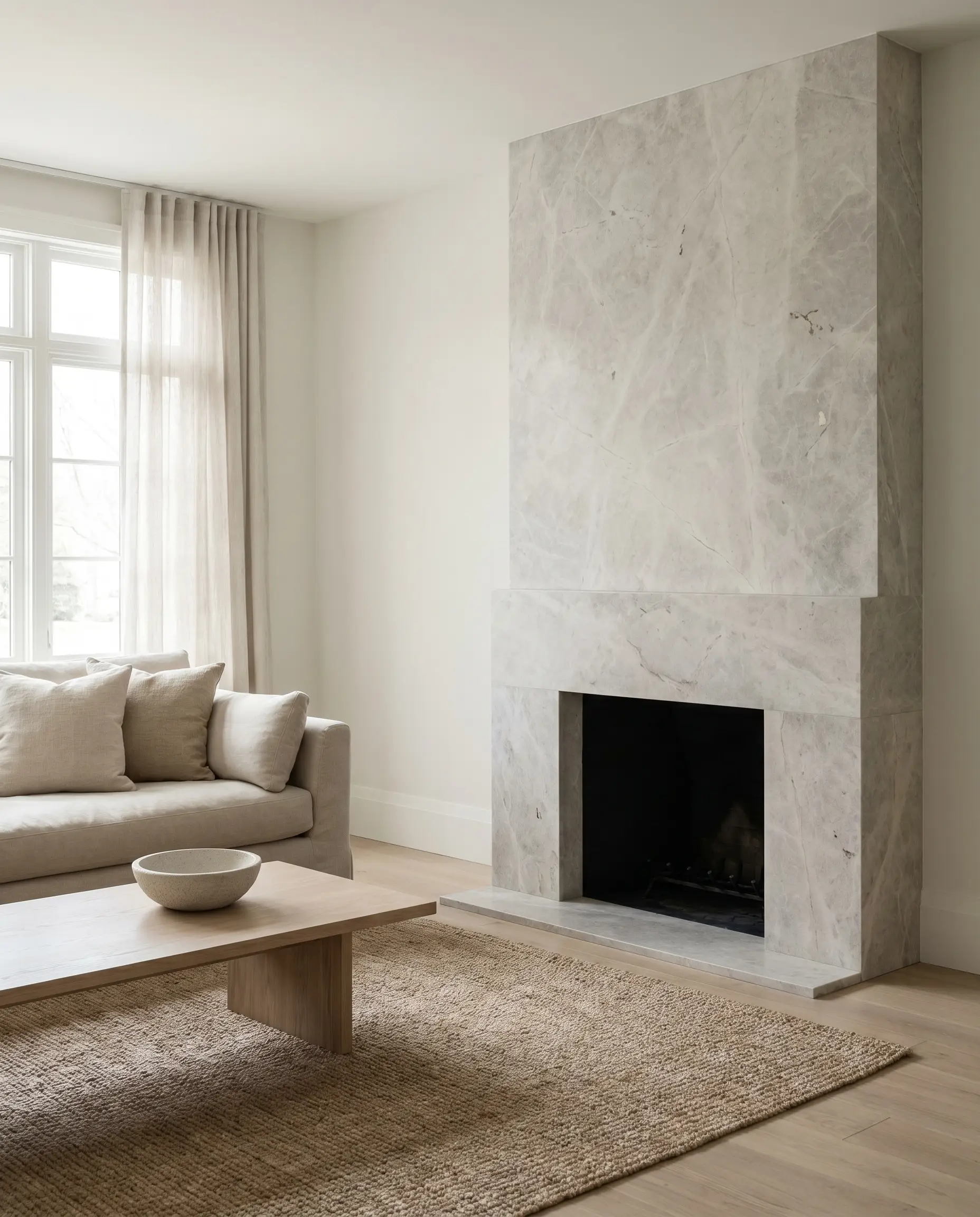 A matte honed Crema Marfil marble fireplace anchors a Japandi space with Sherwin-Williams Alabaster painted walls, a linen sofa, and an ash wood coffee table.